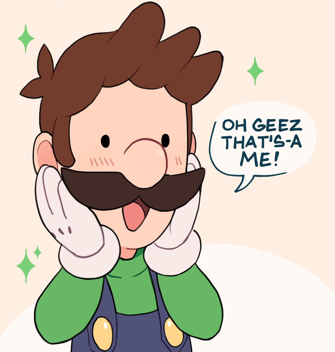 cremanata, luigi, mario (series), nintendo, commentary, english commentary, 1boy, blue overalls, brown hair, english text, facial hair, gloves, green shirt, male focus, mustache, open mouth, overalls, shirt, short hair, simple background, speech bubble, upper body, white gloves