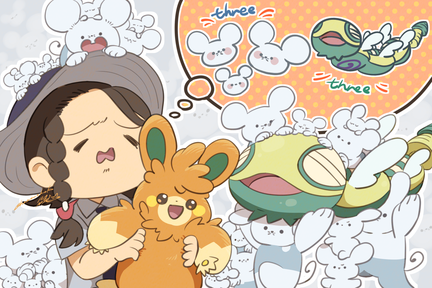 hamanekoko, dudunsparce, dudunsparce (three-segment), dudunsparce (two-segment), juliana (pokemon), maushold, maushold (family of four), maushold (family of three), pawmot, nintendo, pokemon, pokemon sv, commentary request, 1girl, = =, closed eyes, collared shirt, english text, frustrated, gameplay mechanics, grey hat, grey shirt, hat, holding, holding pokemon, necktie, on head, open mouth, outline, pokemon (creature), pokemon on head, purple necktie, school uniform, shirt, short sleeves, signature, smile, speech bubble, thought bubble, uva academy school uniform, white outline