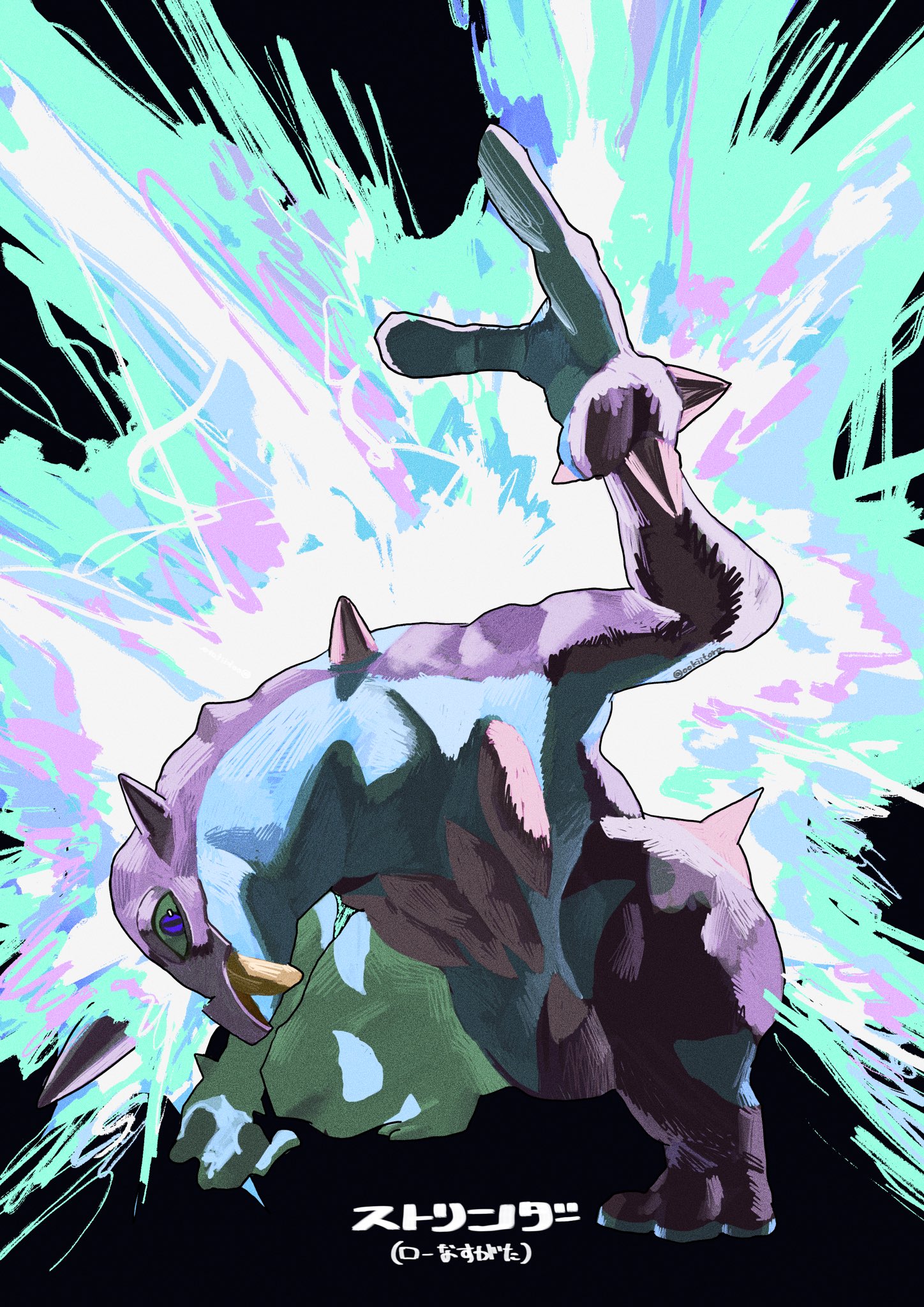 ookiitora128706, toxtricity, toxtricity (low key), nintendo, pokemon, highres, arm up, blue eyes, blue skin, character name, colored sclera, colored skin, electricity, full body, gen 8 pokemon, looking at viewer, multicolored skin, no humans, open mouth, pokemon (creature), pokemon focus, purple skin, simple background, solo, spikes, tongue, tongue out, twitter username