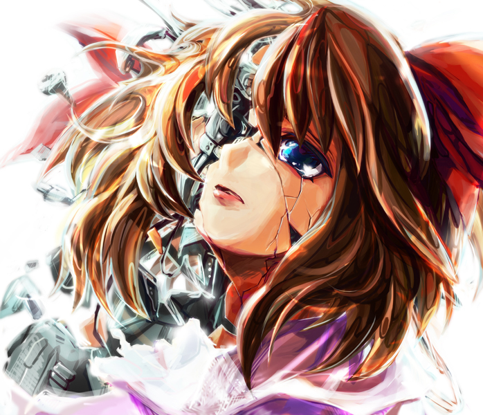 rapan, hirokawa takemi, jikkyou powerful pro yakyuu, power pro kun pocket, power pro kun pocket 9, 1girl, android, blue eyes, brown hair, close-up, damaged, exposed internal machinery, hair ribbon, lips, mechabare, red ribbon, ribbon, robot girl, solo