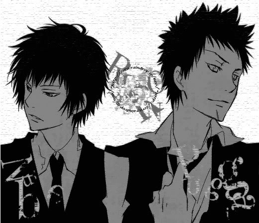 hibari kyouya, yamamoto takeshi, katekyo hitman reborn!, 2boys, 8018, adjusting clothes, adjusting necktie, aged up, black eyes, black hair, formal clothes, male focus, monochrome, multiple boys, necktie, scar, school uniform, suit, vest