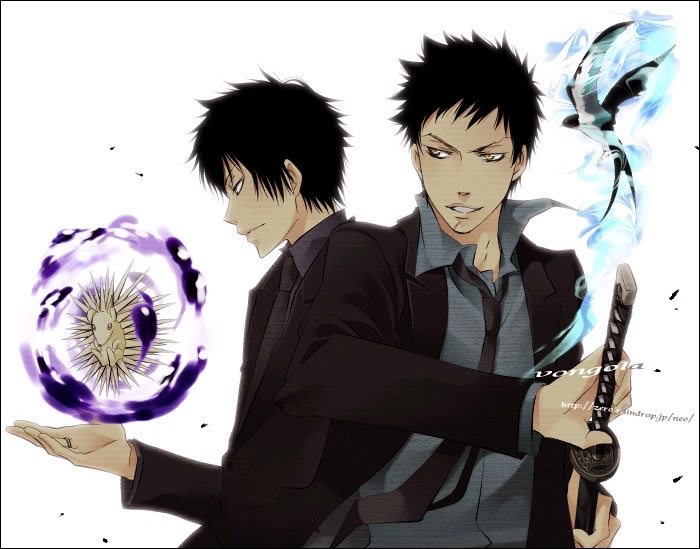 hibari kyouya, yamamoto takeshi, katekyo hitman reborn!, 2boys, 8018, aged up, animal, back-to-back, bird, black hair, blue shirt, brown eyes, fighting stance, formal clothes, grey shirt, hedgehog, male focus, multiple boys, necktie, roll (katekyo hitman reborn!), scar, shirt, suit, swallowing, sword, weapon, yellow eyes