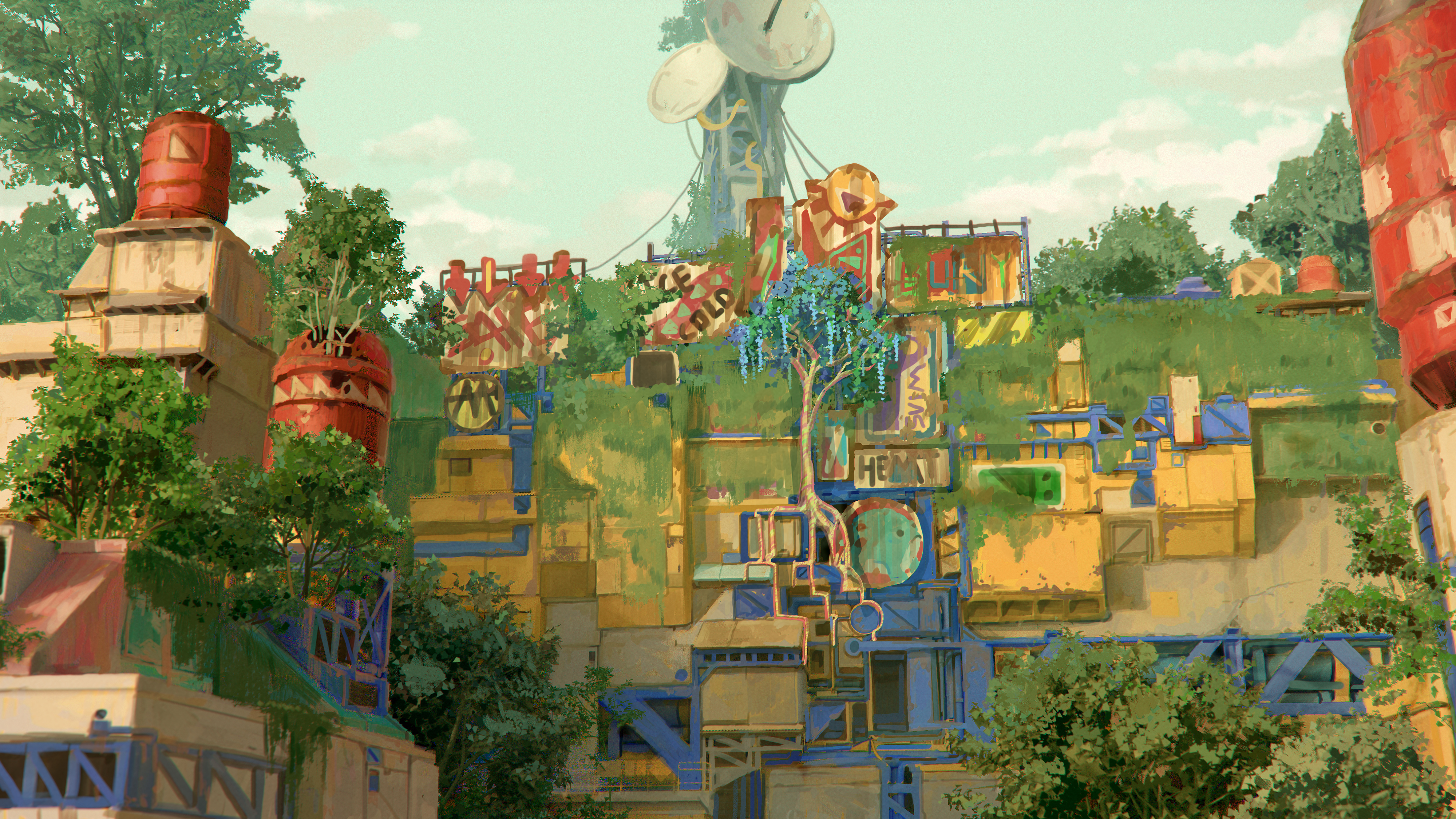 original, absurdres, commentary, english commentary, highres, abandoned, building, cheef0ng, day, no humans, outdoors, overgrown, satellite dish, scenery, sky, tree