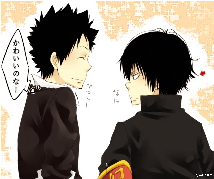 hibari kyouya, yamamoto takeshi, katekyo hitman reborn!, lowres, 2boys, 8018, black hair, black jacket, frown, jacket, male focus, multiple boys, school uniform, smile, speech bubble, sweater, text focus, thought bubble, yun@neo
