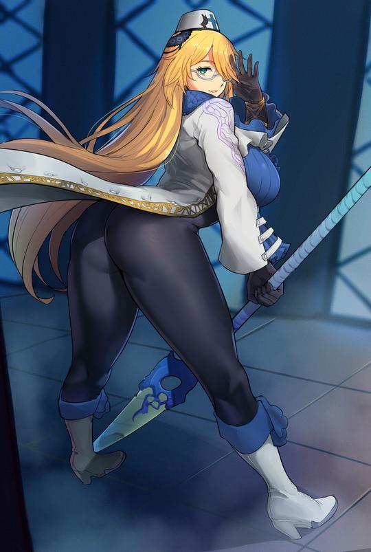 madsensei, dominique (bloodstained), bloodstained: curse of the moon, bloodstained (series), 1girl, ass, blonde hair, bodysuit, boots, breasts, from behind, glasses, gloves, green eyes, hat, large breasts, leaning, leaning forward, long hair, looking at viewer, looking back, polearm, sideboob, skin tight, smile, solo, spear, very long hair, weapon