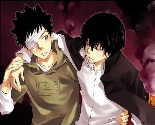 hibari kyouya, yamamoto takeshi, katekyo hitman reborn!, lowres, 2boys, 8018, bandages, black hair, black jacket, brown eyes, eyepatch, frown, injury, jacket, leaning, male focus, multiple boys, school uniform, shirt, white shirt