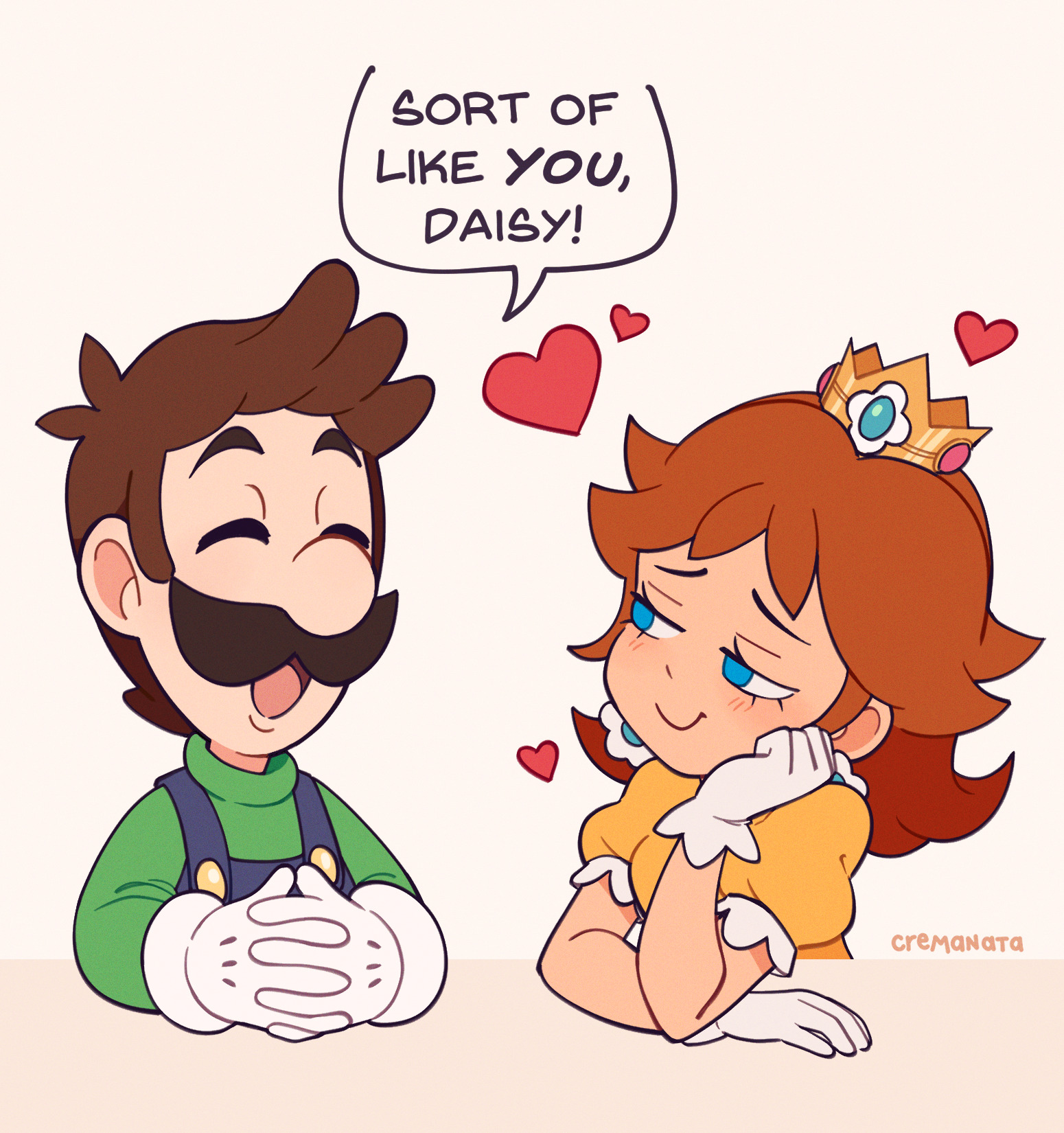 cremanata, luigi, princess daisy, mario (series), nintendo, commentary, english commentary, highres, 1boy, 1girl, ^ ^, artist name, blue eyes, blush, brown hair, buttons, cheek rest, closed eyes, couple, crown, curly hair, dark-skinned female, dark skin, dress, earrings, english text, facial hair, flirting, flower earrings, flower ornament, frilled gloves, frills, gloves, green shirt, half-closed eyes, hand on own cheek, hand on own face, happy, head rest, heart, hetero, interlocked fingers, jewelry, looking at another, mustache, no headwear, open mouth, orange hair, overalls, own hands together, shirt, short sleeves, smile, thick eyebrows, white gloves, yellow dress