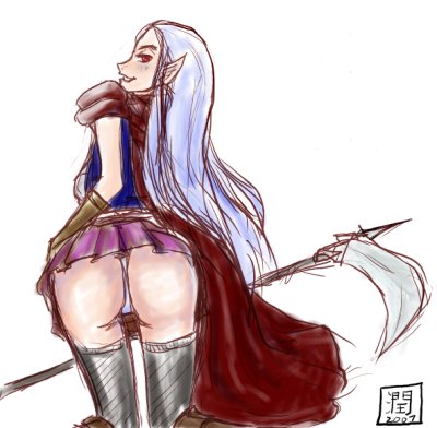 magus (chrono trigger), chrono (series), chrono trigger, gender request, lowres, non-web source, 00s, 1990s (style), 1girl, 2007, ass, blue hair, breasts, cape, dress, elf, female focus, genderswap, large breasts, looking back, oekaki, panties, pointy ears, retro artstyle, scythe, skirt, solo, underwear