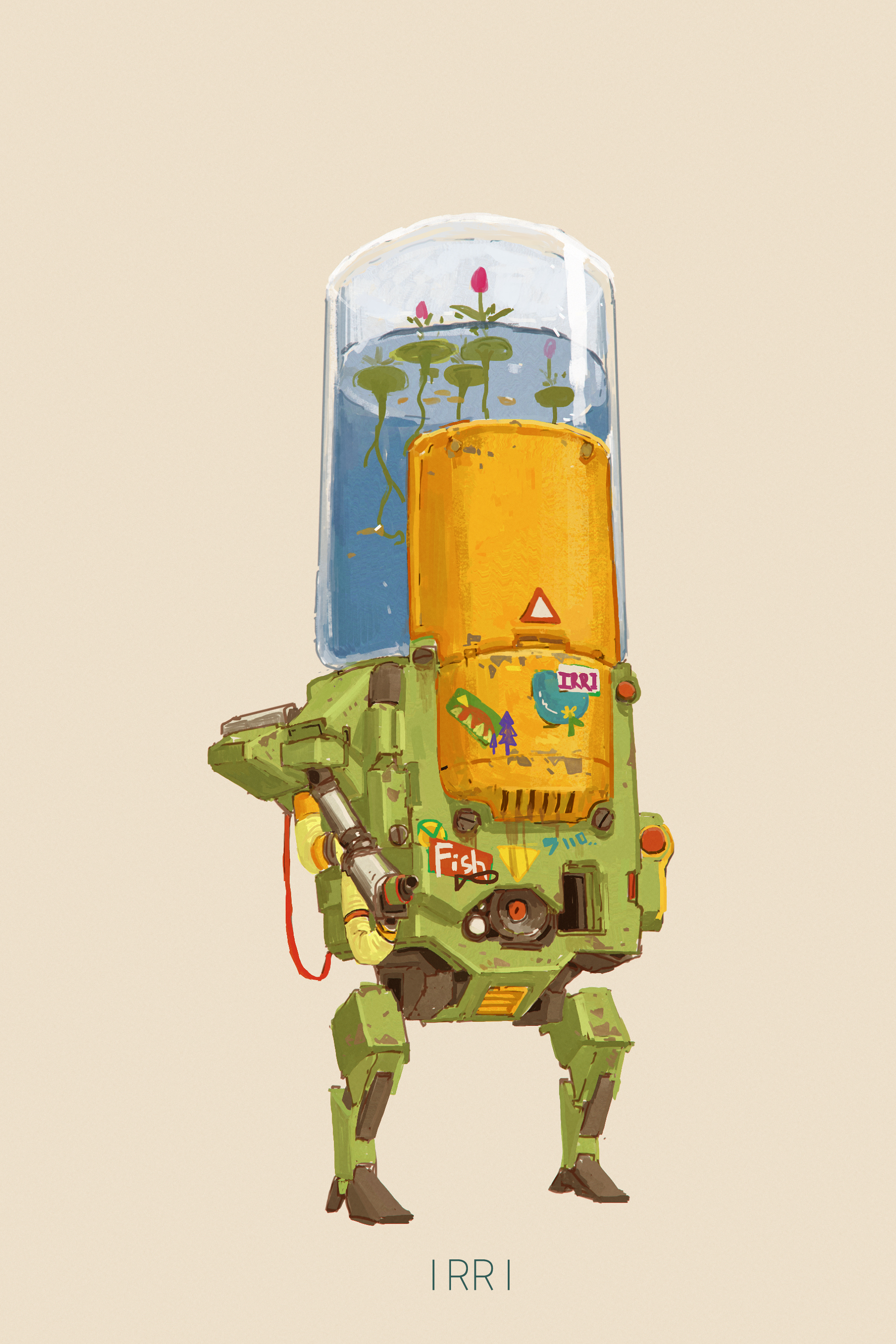 original, absurdres, commentary, english commentary, highres, brown background, cheef0ng, english text, flower, mecha, mecha focus, no humans, pink flower, robot, science fiction, simple background, water, water tank