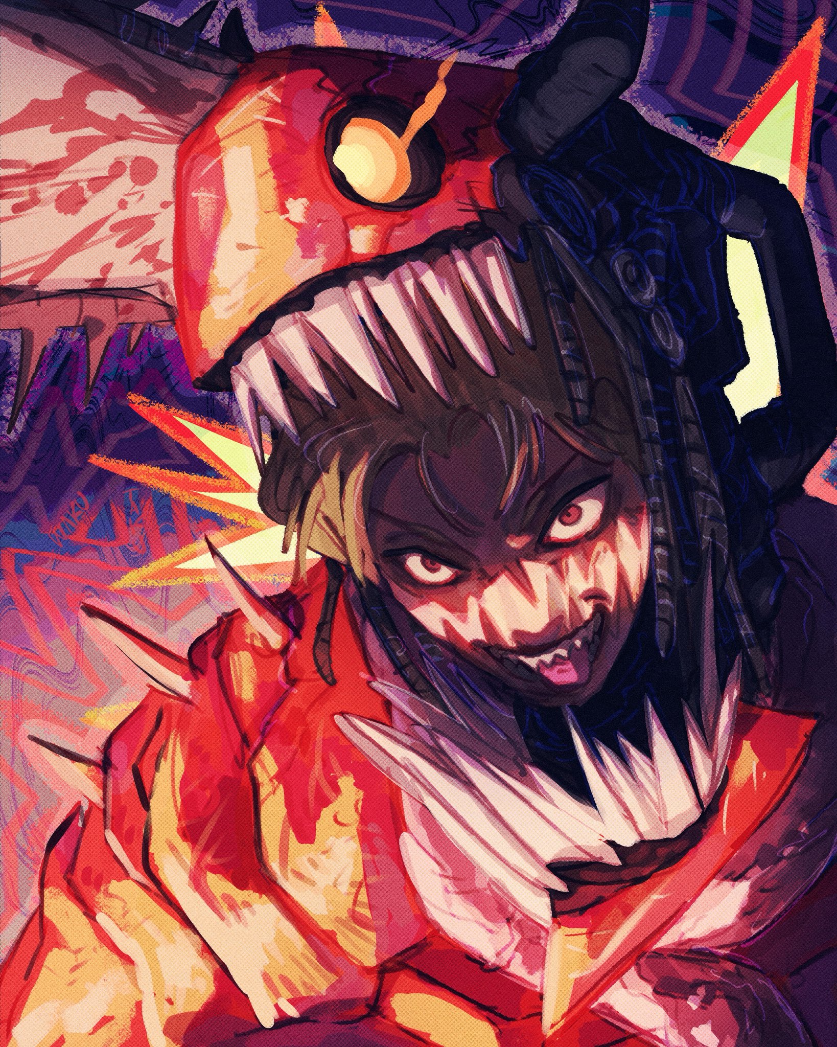 taku (aywakutakuay), chainsaw devil, denji (chainsaw man), chainsaw man, highres, 1boy, blood, bloody weapon, chainsaw, horns, intestine clothing, intestines, male focus, open mouth, organs, pull cord, scarf, sharp teeth, simple background, solo, teeth, weapon