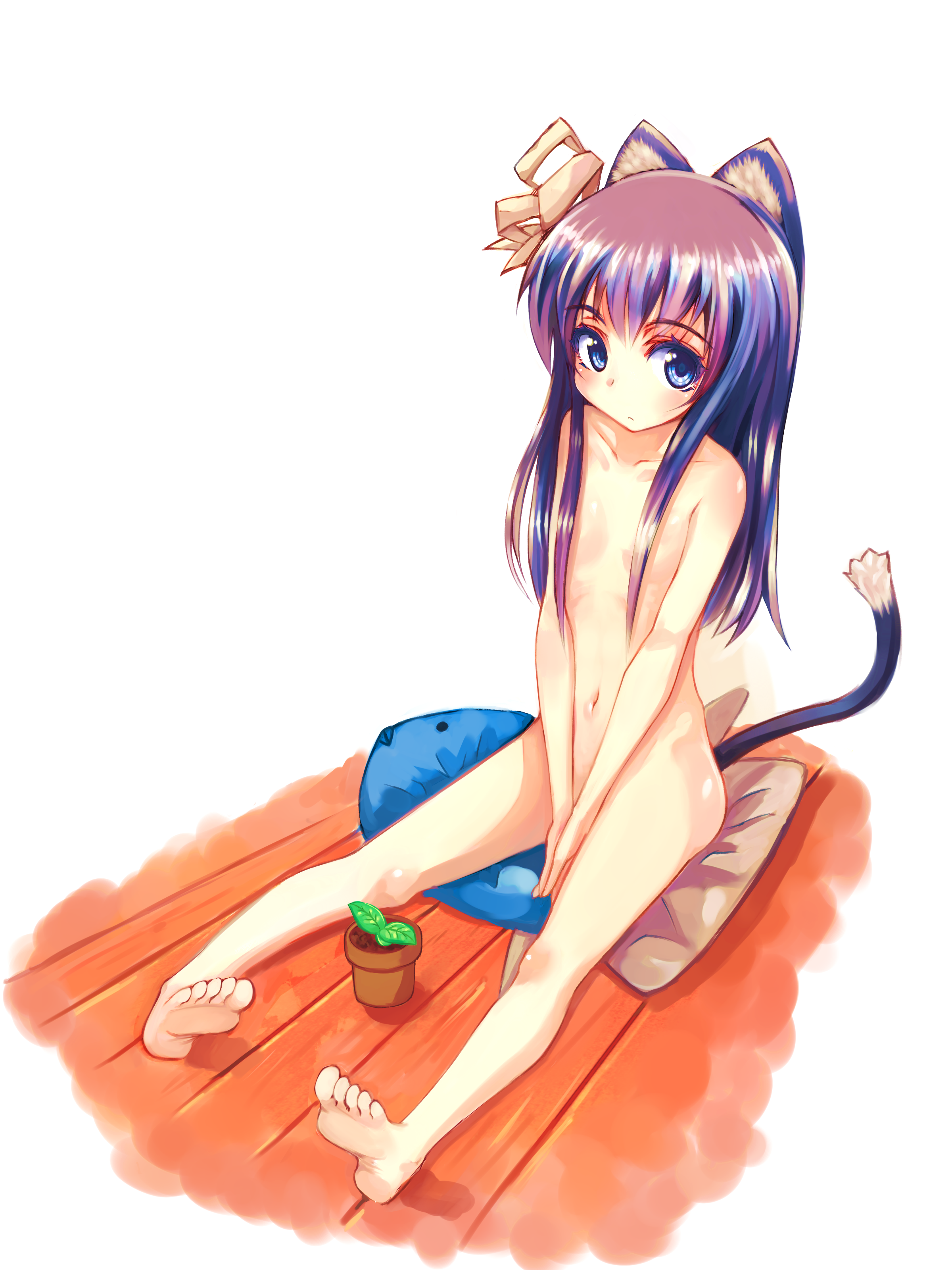 npon515, original, absurdres, highres, 1girl, animal ears, barefoot, blue eyes, cat ears, cat tail, censored, convenient censoring, female focus, flat chest, hair censor, hair over breasts, hair ribbon, loli, long hair, navel, nude, pillow, plant, ribbon, sitting, solo, tail