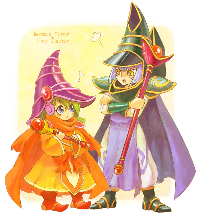 yuza, card ejector, miracle flipper, yu-gi-oh!, yu-gi-oh! gx, bad id, bad pixiv id, blue eyes, cape, duel monster, green eyes, green hair, hat, staff, witch, witch hat, wizard hat