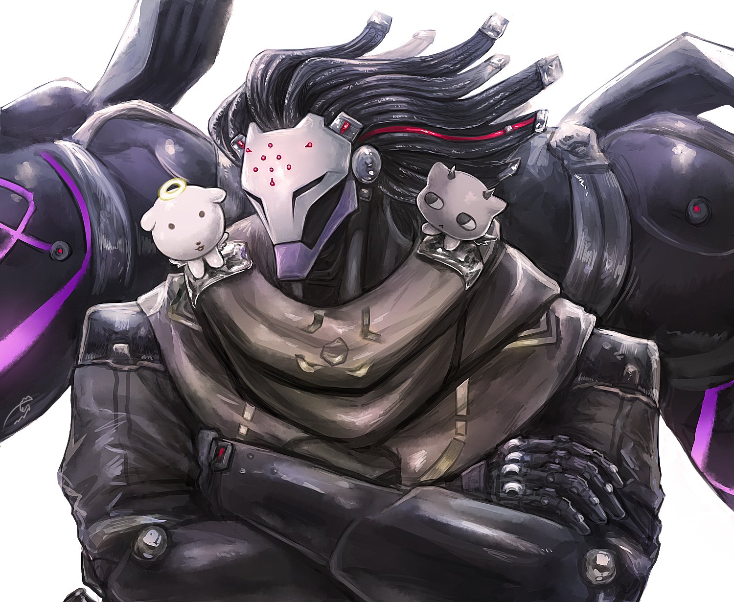 ramattra (overwatch), overwatch, commentary request, highres, korean commentary, 1boy, angel, cable hair, crossed arms, demon, doldolhoon, extra arms, humanoid robot, male focus, omnic, robot, scarf, simple background, upper body, white background
