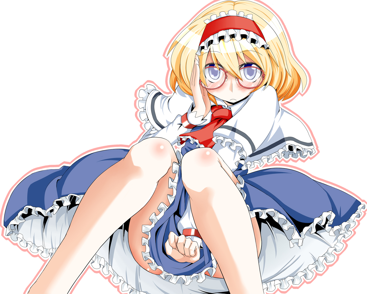 kasuka, alice margatroid, touhou, 1girl, adjusting eyewear, blonde hair, blue eyes, blush, dress, female focus, glasses, hairband, short hair, simple background, solo, white background