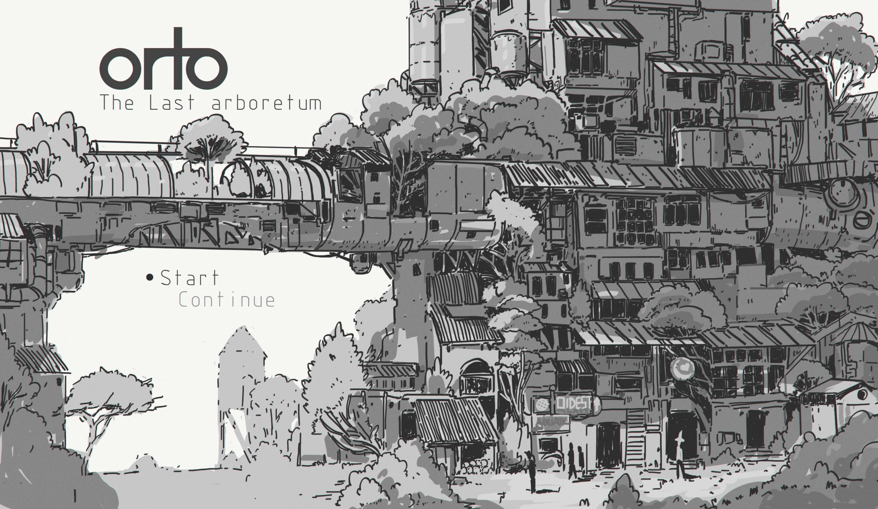 original, commentary, english commentary, highres, bridge, building, cheef0ng, english text, greyscale, monochrome, no humans, outdoors, overgrown, scenery, tree, user interface