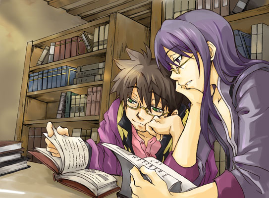 raven (tales), yuri lowell, tales of (series), tales of vesperia, 00s, 2boys, black eyes, black hair, book, glasses, green eyes, indoors, library, long hair, male focus, multiple boys, open book, ponytail, reading, smile, upper body
