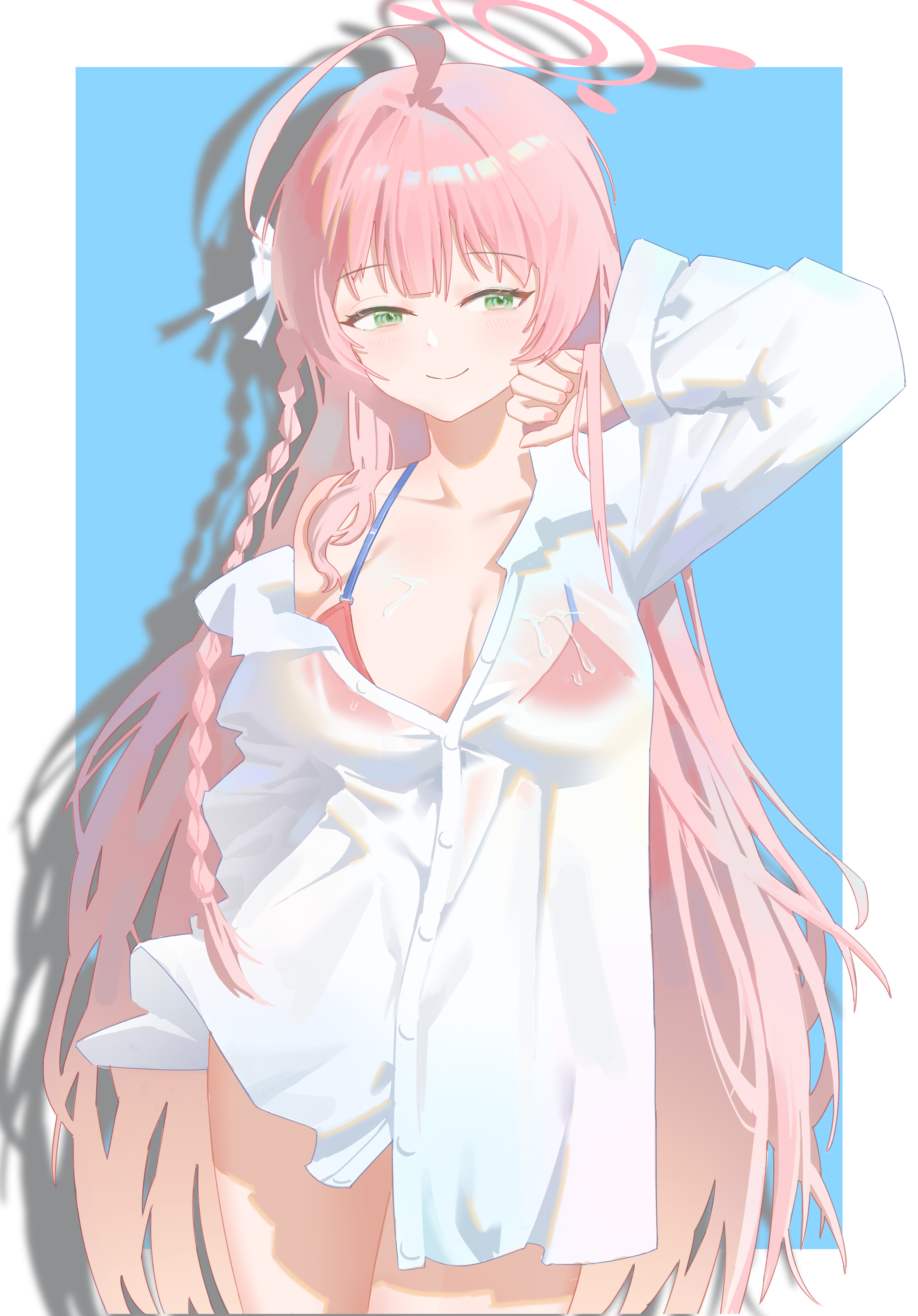 hanako (blue archive), hanako (swimsuit) (blue archive), blue archive, absurdres, highres, 1girl, ahoge, bikini, bikini top under shirt, bikini under clothes, border, braid, breasts, buttons, closed mouth, collarbone, green eyes, halo, jiyue (murasame524), large breasts, long hair, long sleeves, looking at viewer, pink hair, red bikini, see-through clothes, see-through shirt, shirt, smile, swimsuit, very long hair, white border, white shirt