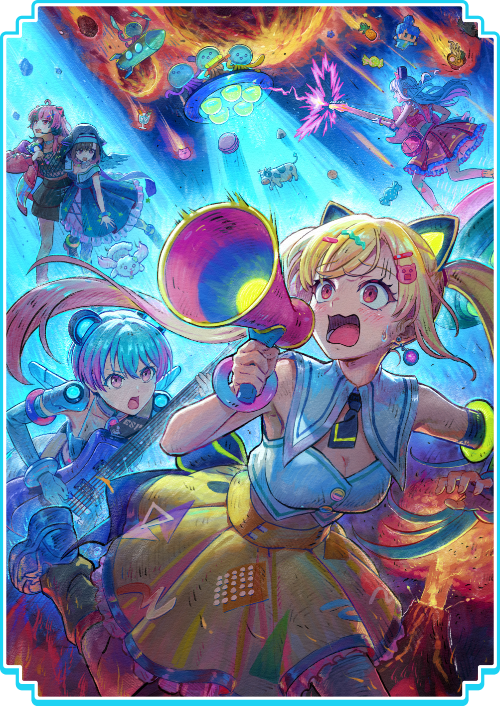 fuji miyako, minetsuki ritsu, miyanaga nonoka, nakamachi arale, sengoku yuno, bang dream!, bang dream! mugendai mewtype, artist request, highres, key visual, official art, promotional art, 5girls, ahoge, alien, black skirt, blonde hair, blue dress, blue hair, blush, breasts, candy, cleavage, cow, crop top, dress, electric guitar, food, guitar, hair ornament, hairclip, holding, holding guitar, holding instrument, holding megaphone, holding plectrum, instrument, jacket, leg warmers, long hair, macaron, medium breasts, megaphone, meteor, mugendai mewtype, multicolored hair, multiple girls, open mouth, pink eyes, pink jacket, pink skirt, plectrum, purple hair, red eyes, skirt, twintails, two-tone hair, ufo, virtual youtuber, white hair, yellow leg warmers, yellow skirt