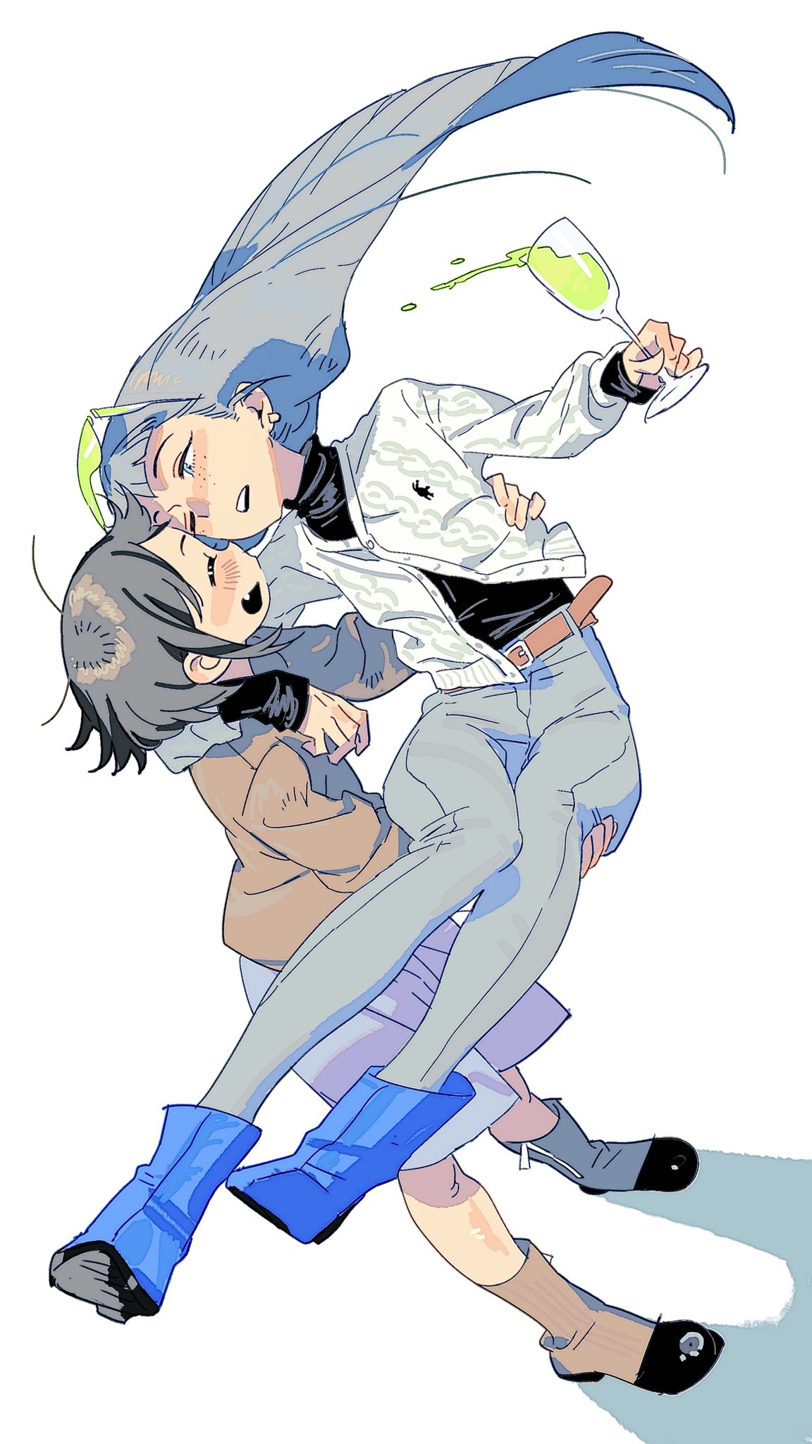 goblet 42, original, highres, 2girls, black hair, blue hair, blush, boots, closed eyes, hood, multicolored hair, multiple girls, open mouth, short hair, smile