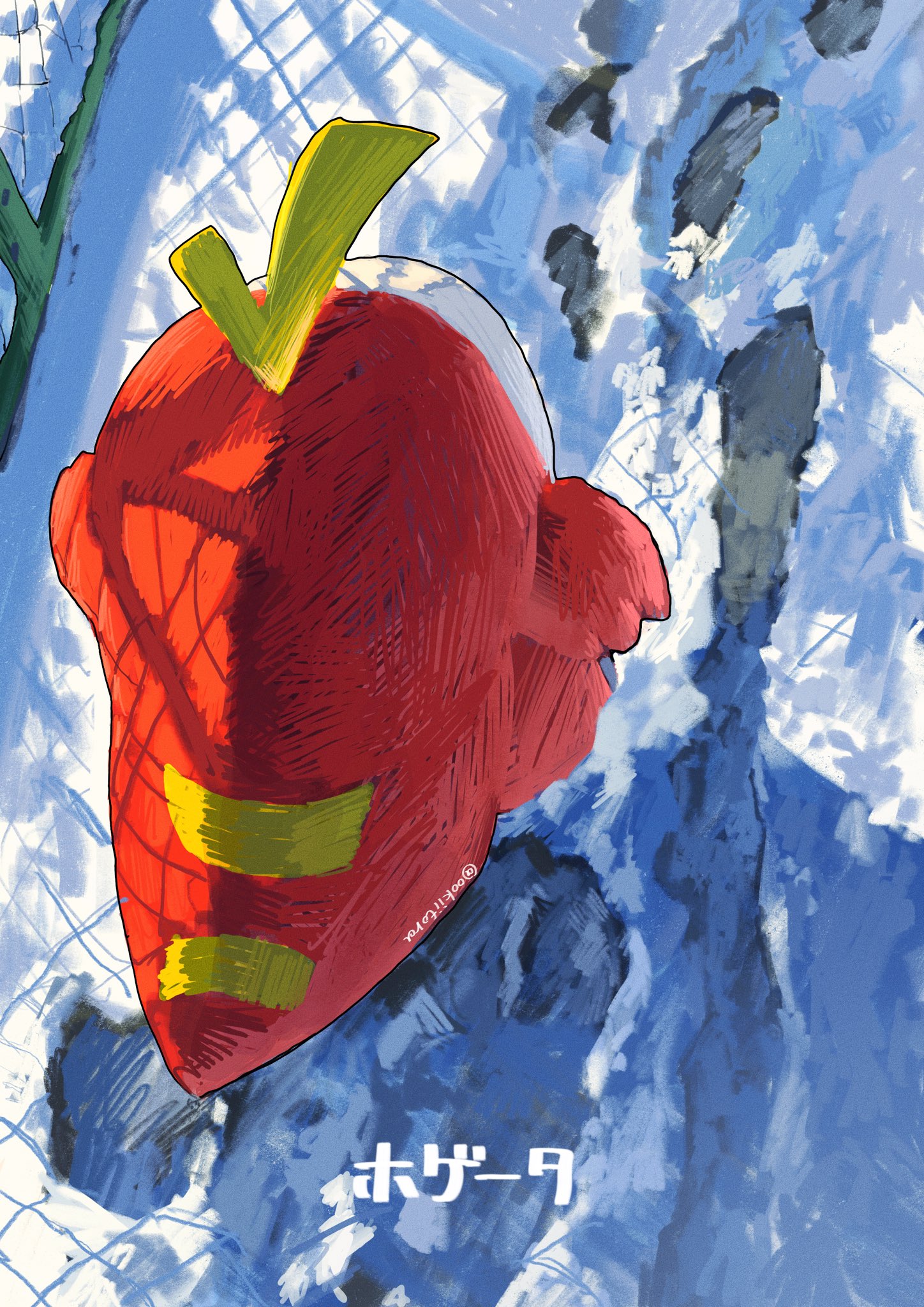 ookiitora128706, fuecoco, nintendo, pokemon, highres, chain-link fence, character name, colored skin, facing away, fence, footprints, full body, no humans, outdoors, pokemon (creature), pokemon focus, red skin, snow, solo, solo focus, twitter username