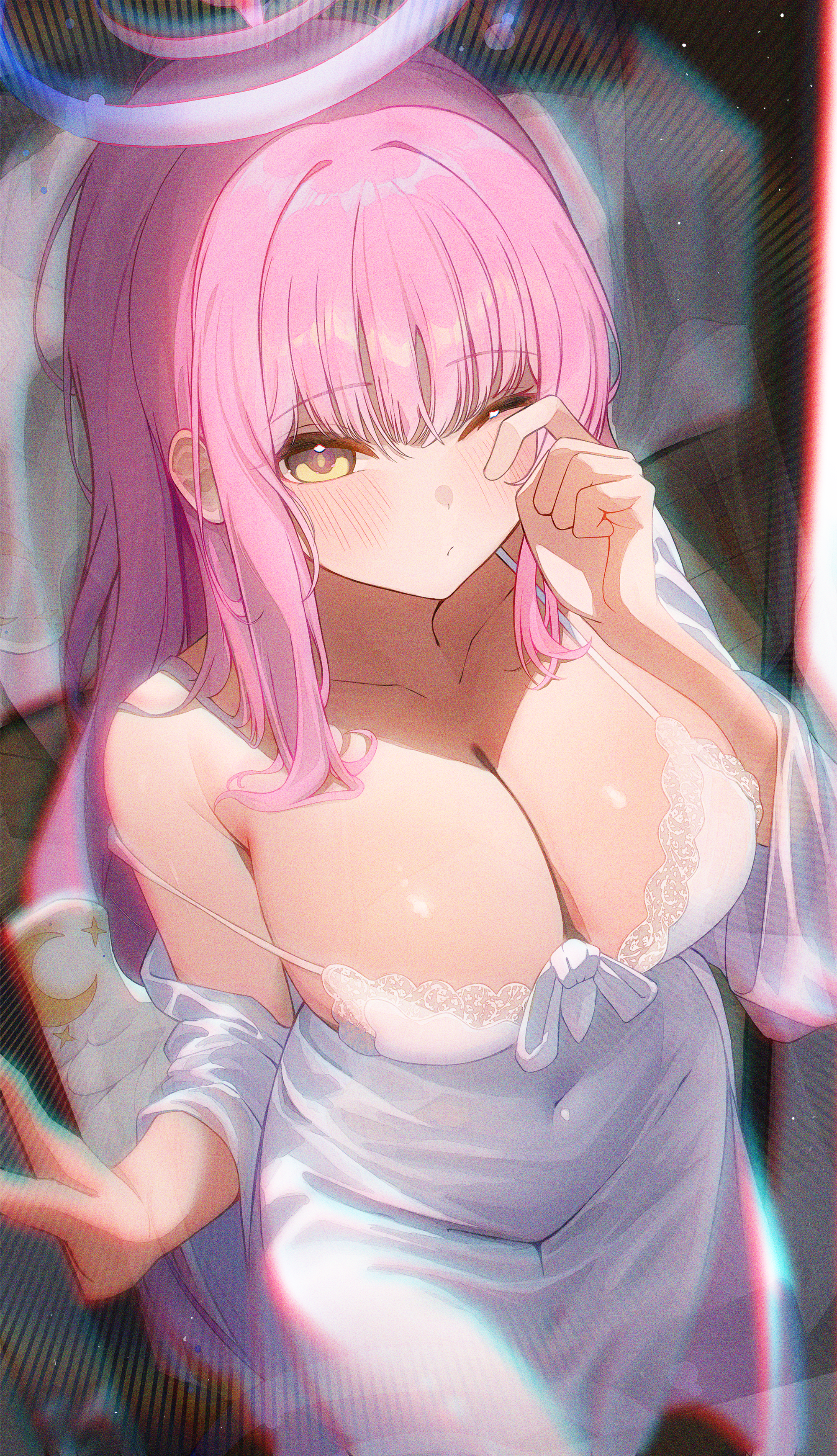 meplon, mika (blue archive), blue archive, absurdres, commentary request, highres, bare shoulders, breasts, cleavage, collarbone, cowboy shot, dress, halo, hand on own face, large breasts, long hair, messy hair, one eye closed, pink hair, pink halo, very long hair, walking, white dress, white wings, wings, yellow eyes