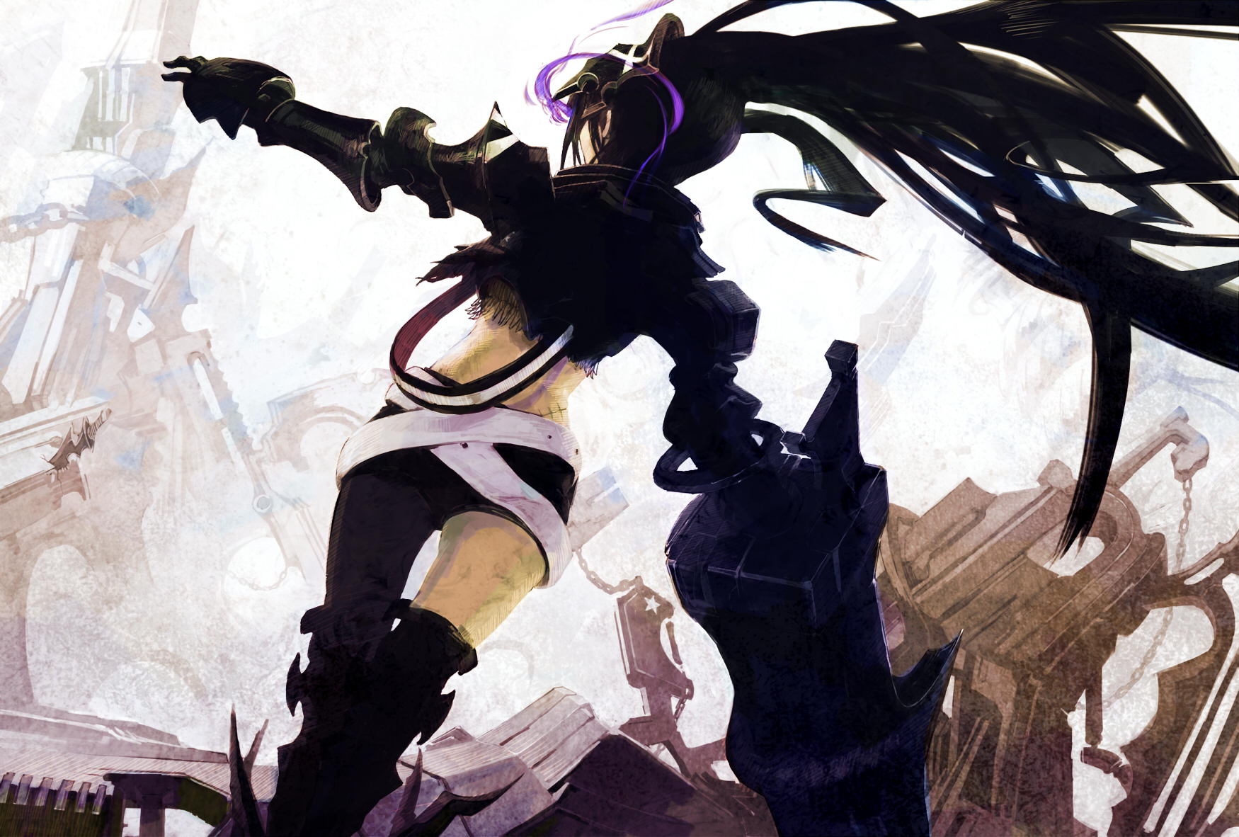 yuichi, yuuichi (osakana), insane black rock shooter, black rock shooter, bad id, bad pixiv id, highres, 10s, 1girl, armor, back, belt, belt skirt, black hair, female focus, gauntlets, glowing, glowing eyes, greaves, huge weapon, long hair, pants, shorts, solo, thighhighs, twintails, weapon