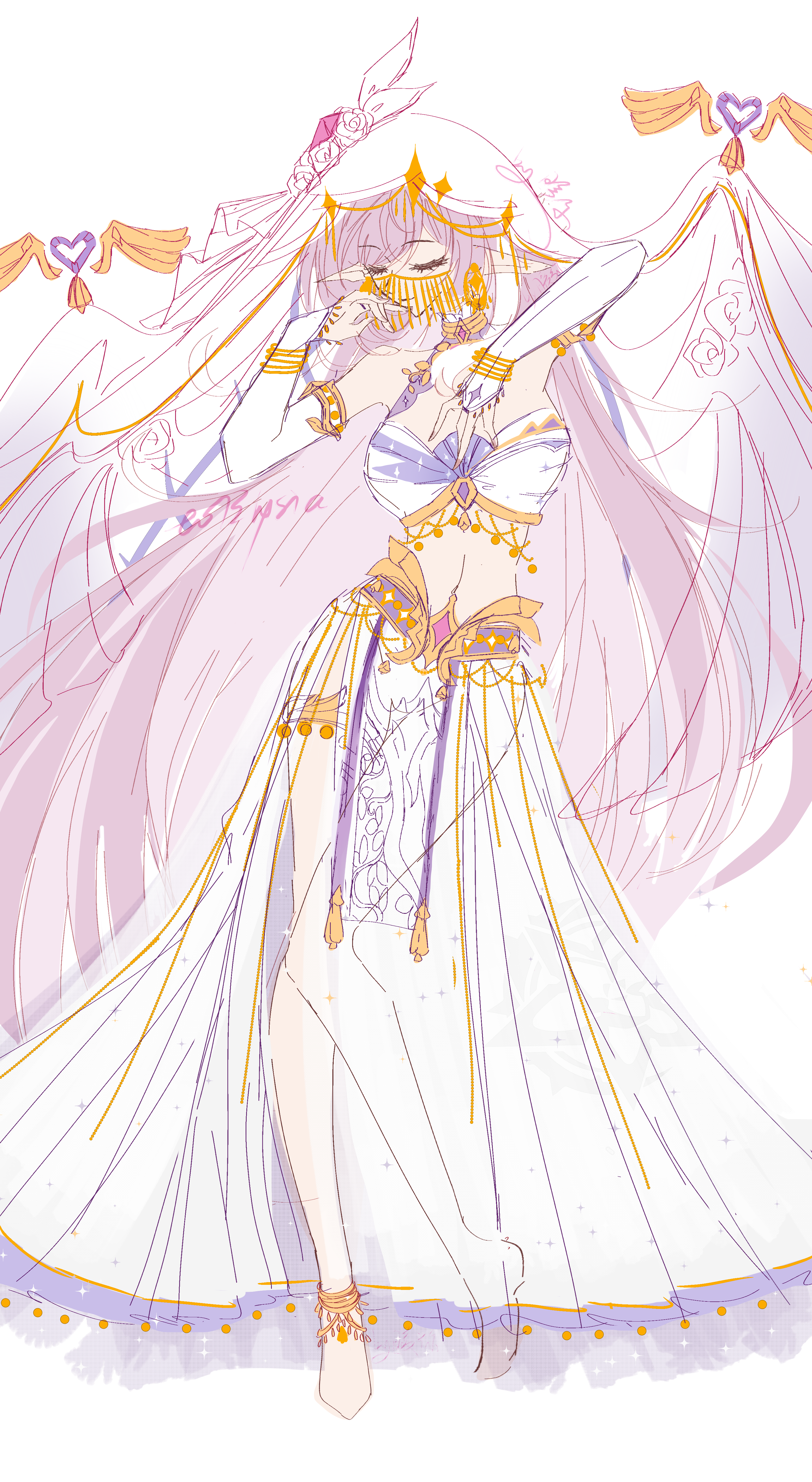 elysia (herrscher of human: ego) (honkai impact), elysia (honkai impact), honkai (series), honkai impact 3rd, absurdres, chinese commentary, commentary request, commission, highres, 1girl, barefoot, bell, breasts, bridal gauntlets, closed eyes, crop top, elf, feet, large breasts, long hair, midriff, mouth veil, navel, pink hair, pointy ears, simple background, skirt, solo, veil, very long hair, white background, white skirt, white veil, yu diandian