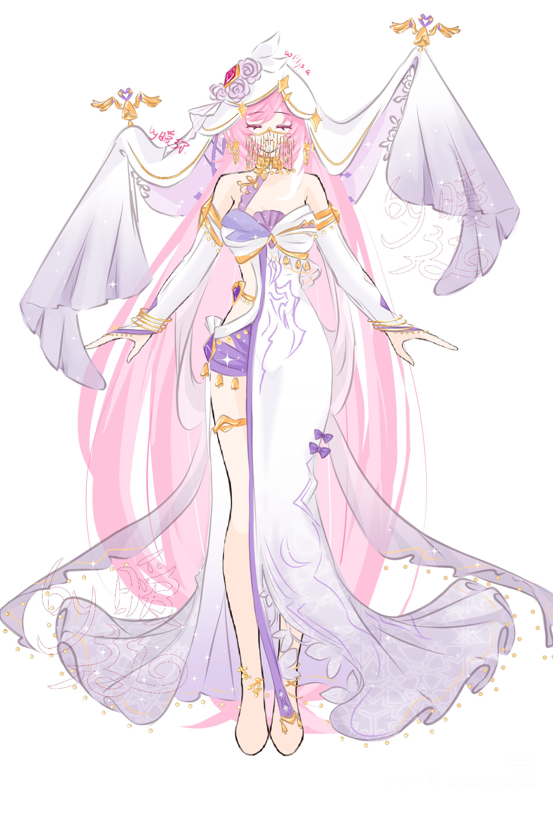 elysia (herrscher of human: ego) (honkai impact), elysia (honkai impact), honkai (series), honkai impact 3rd, absurdres, chinese commentary, commentary request, commission, highres, 1girl, adapted costume, bare shoulders, barefoot, bell, breasts, bridal gauntlets, dress, feet, large breasts, leotard, leotard under clothes, long hair, mouth veil, pink hair, simple background, solo, veil, very long hair, white background, white dress, white veil, yu diandian