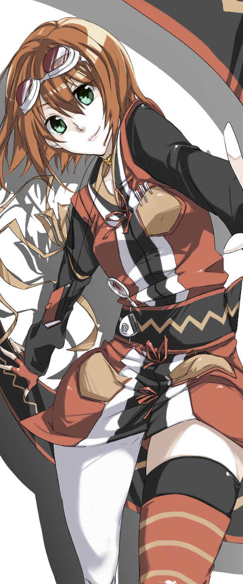 kmikan, rita mordio, tales of (series), tales of vesperia, multicolored legwear, highres, 00s, 1girl, asymmetrical clothes, asymmetrical footwear, brown hair, choker, female focus, fingerless gloves, gloves, goggles, goggles on head, green eyes, mismatched footwear, pantyhose, short hair, single leg pantyhose, smile, solo, striped clothes, striped thighhighs, thighhighs