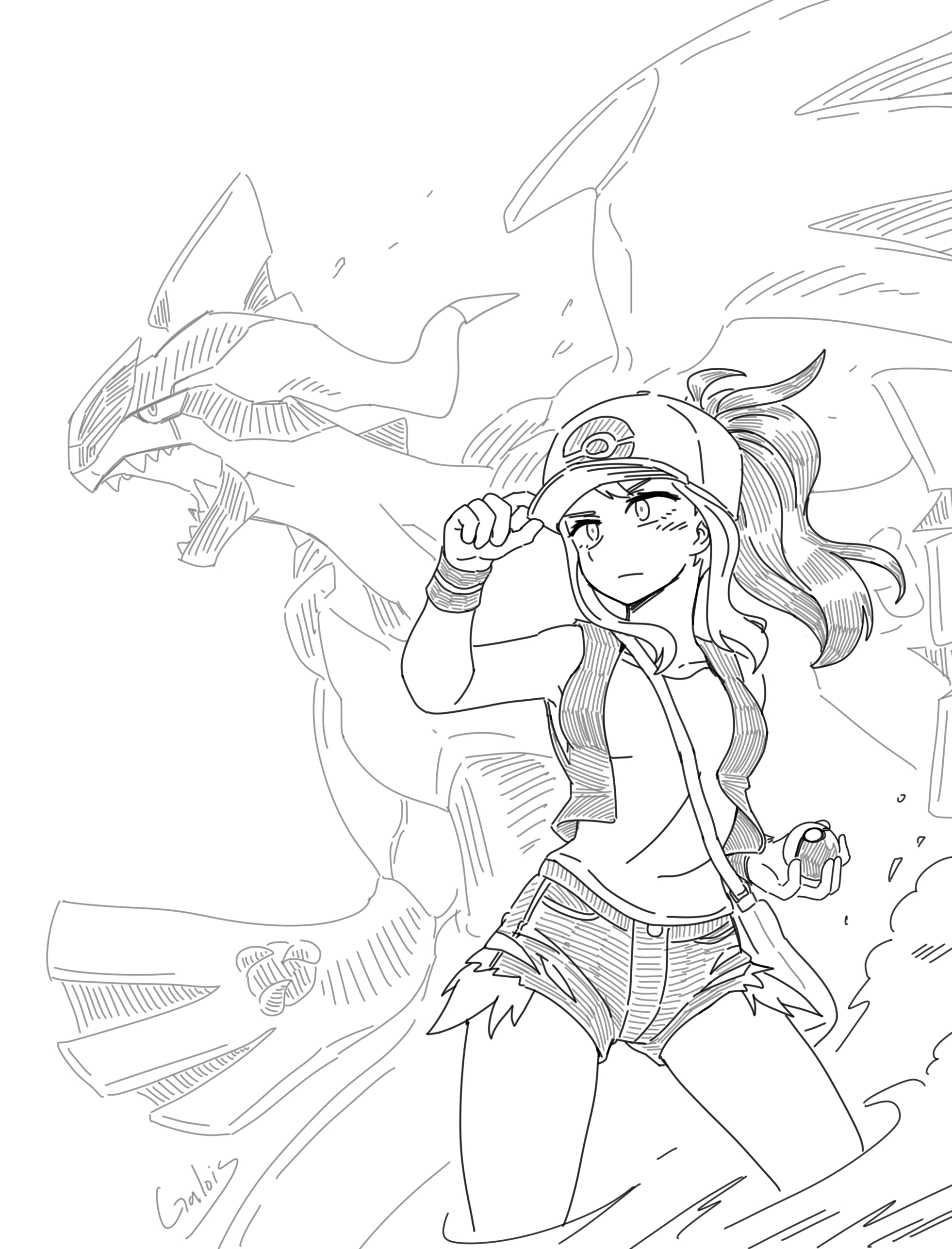 galois, hilda (pokemon), zekrom, nintendo, pokemon, pokemon bw, absurdres, commentary, commentary request, english commentary, highres, korean commentary, mixed-language commentary, 1girl, adjusting clothes, adjusting headwear, baseball cap, breasts, dust cloud, expressionless, gen 5 pokemon, hat, hatching (texture), holding, holding poke ball, legendary pokemon, medium breasts, military vehicle, monochrome, motor vehicle, poke ball, pokemon (creature), ponytail, short shorts, shorts, sidelocks, signature, tank, vest, wristband