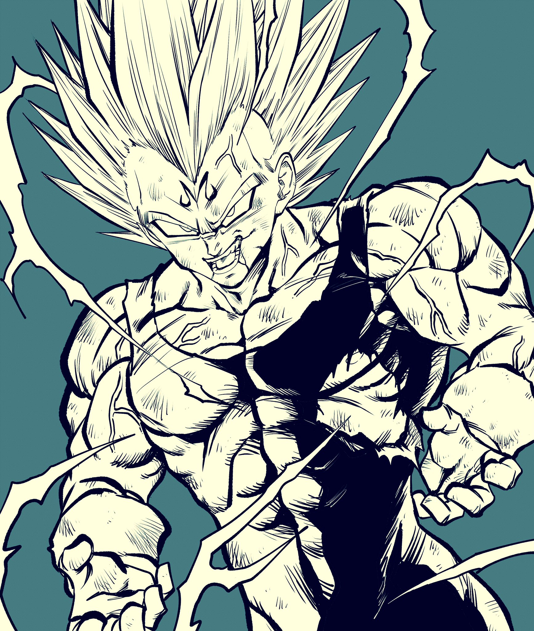 lee (dragon garou), majin vegeta, vegeta, dragon ball, dragonball z, commentary request, highres, 1boy, blood, blood from mouth, covered abs, dutch angle, electricity, evil smile, facial mark, forehead mark, gloves, hatching (texture), male focus, muscular, muscular male, open mouth, pectoral cleavage, pectorals, smile, solo, super saiyan, super saiyan 2, torn clothes, unitard, upper body, veins