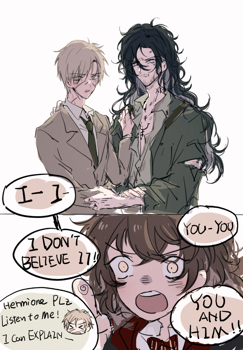 pixiv id 7170486, hermione granger, remus lupin, sirius black, harry potter (series), wizarding world, > <, 1girl, 2boys, beard, beard stubble, black hair, brown hair, character name, chibi, closed mouth, collar, dirty, dirty clothes, dirty face, english text, eyebrows hidden by hair, eyelashes, facial hair, facial scar, formal clothes, green necktie, gryffindor, hand on another's arm, hand on another's back, hand on another's shoulder, height difference, index finger raised, long hair, messy hair, multiple boys, multiple scars, necktie, open mouth, panels, pointing, scar, scar on cheek, scar on face, scar on neck, scar on nose, shirt, short hair, shouting, simple background, speech bubble, stubble, suit, tattoo, teeth, upper teeth only, white background, wing collar