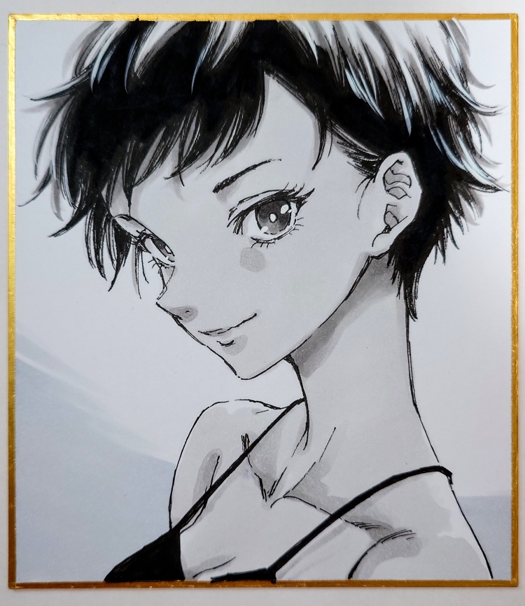 original, commentary request, photo (medium), traditional media, 1girl, breasts, cleavage, closed mouth, from side, greyscale, looking at viewer, looking to the side, makomako1061, monochrome, shikishi, solo, spaghetti strap, upper body