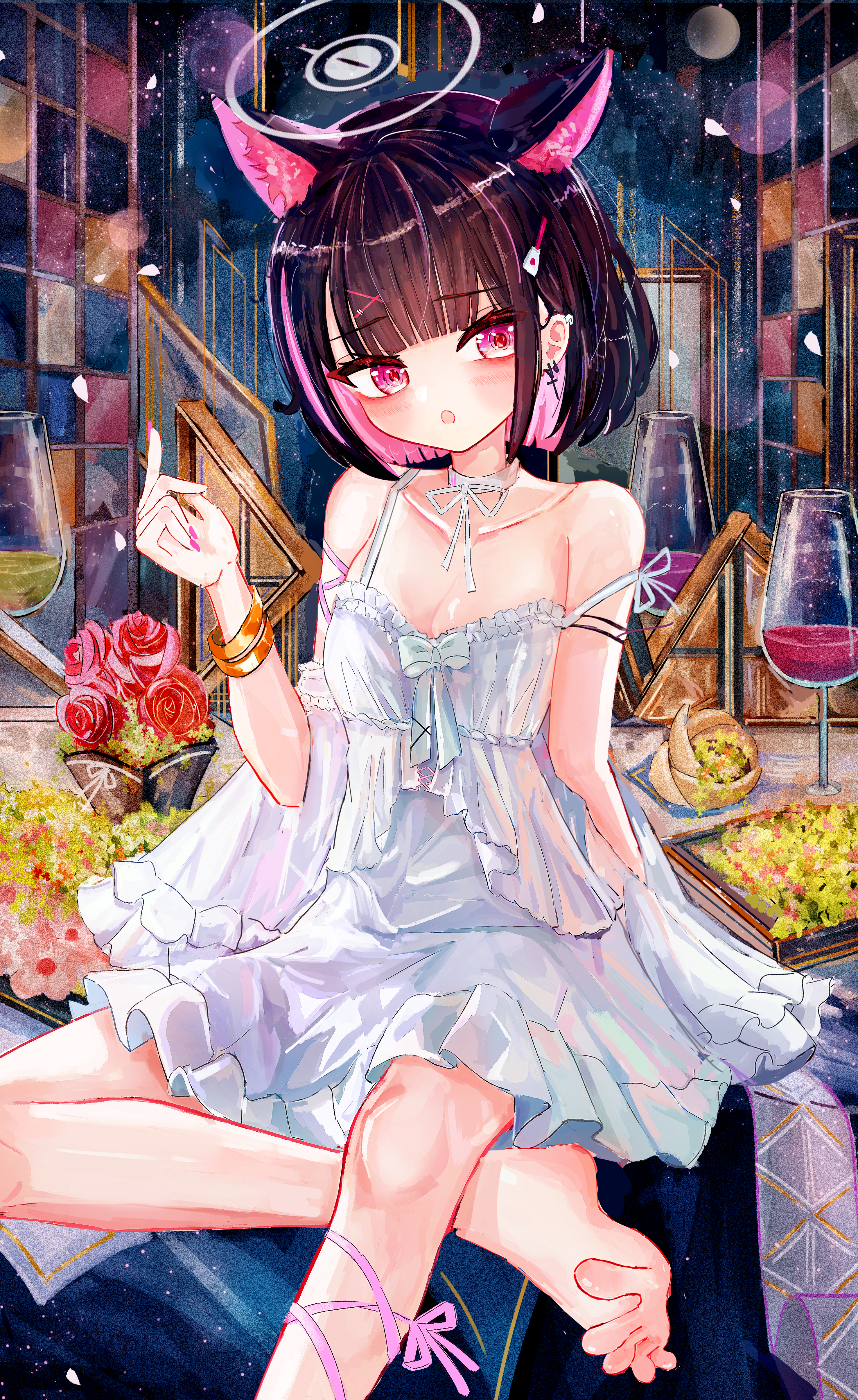 a1u, kazusa (blue archive), blue archive, absurdres, commentary, highres, revision, 1girl, alternate costume, animal ears, barefoot, black hair, blush, breasts, cat ears, cat girl, colored inner hair, cup, dress, drinking glass, earrings, extra ears, foot out of frame, grey halo, hair ornament, hairclip, halo, hand up, jewelry, looking at viewer, multicolored hair, open mouth, pink hair, short dress, short hair, sitting, small breasts, solo, spread toes, strap slip, toes, white dress, wine glass