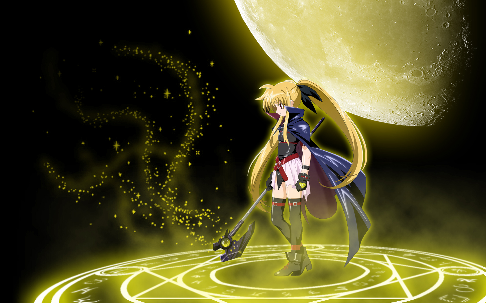 bardiche (device form) (nanoha), bardiche (nanoha), fate testarossa, fate testarossa (original form), lyrical nanoha, mahou shoujo lyrical nanoha, mahou shoujo lyrical nanoha a's, highres, 1girl, female focus, hair ribbon, long hair, magic circle, moon, ribbon, solo, standing, standing on magic circle, thighhighs