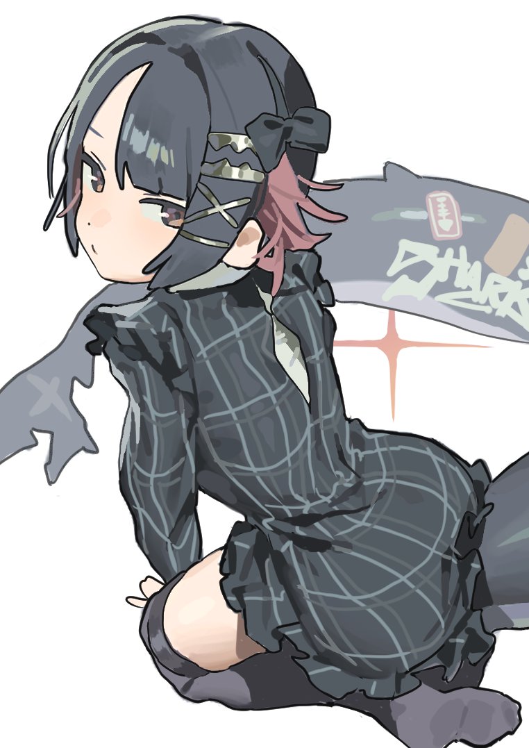 ellen joe, zenless zone zero, all fours, azalaxy, back zipper, black bow, black hair, black socks, bow, dress, fins, fish tail, hair bow, headband, kneehighs, looking at viewer, multicolored hair, pleated dress, red eyes, red hair, scar, scar on tail, shark girl, shark tail, short hair, socks, solo, tail, two-tone hair, white background