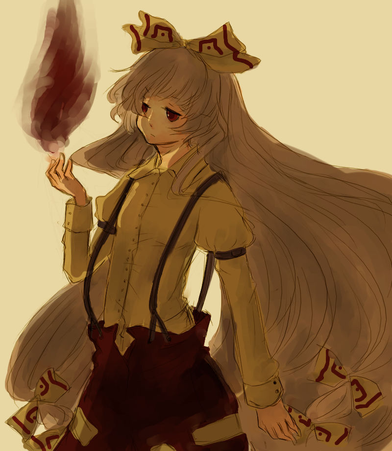 mokomeri, fujiwara no mokou, touhou, artist request, bad id, bad pixiv id, 1girl, female focus, fire, hair ribbon, long hair, long sleeves, pants, red eyes, ribbon, sepia, shirt, solo, suspenders, twilight, very long hair