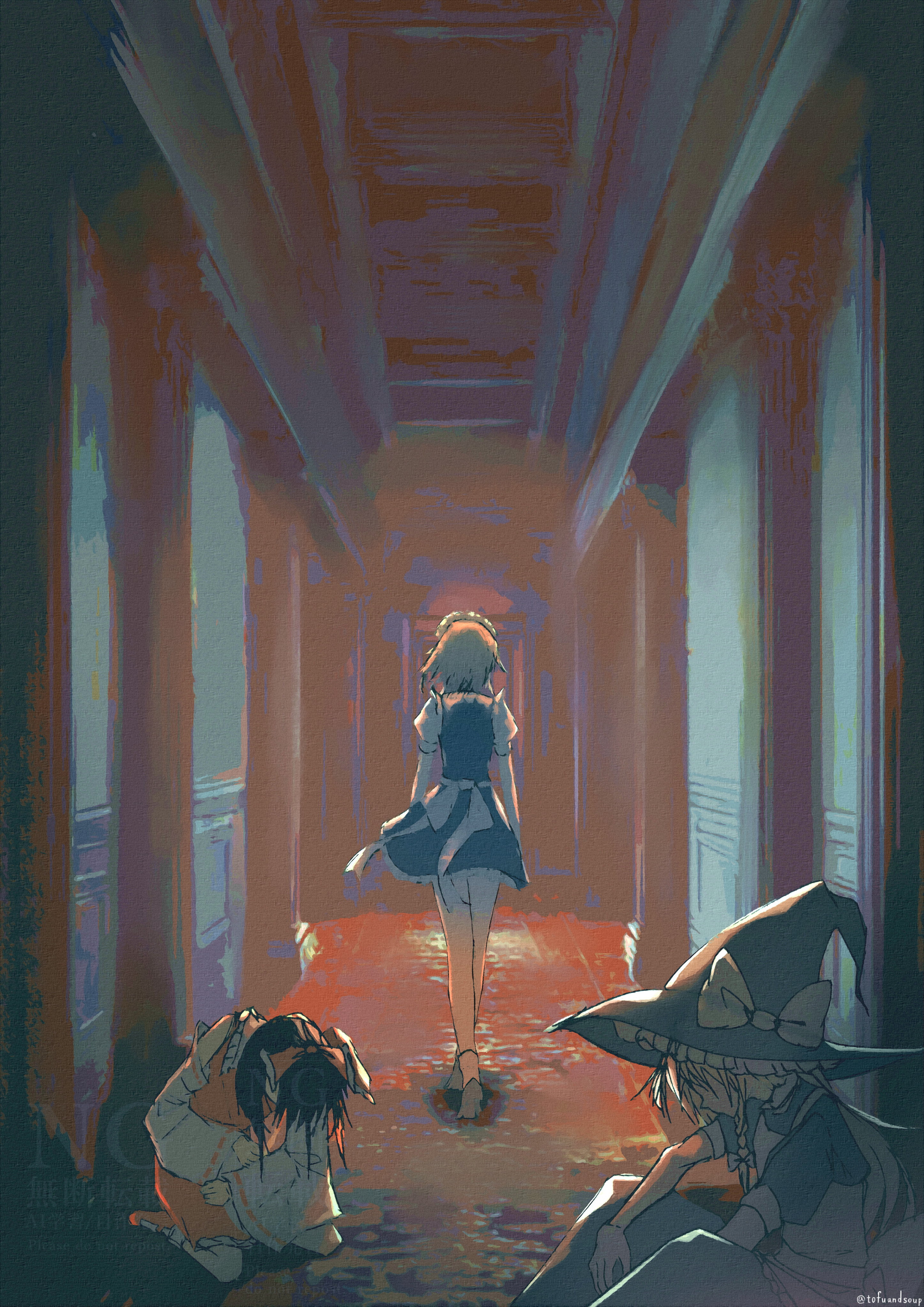 tofuandsoup, hakurei reimu, izayoi sakuya, kirisame marisa, embodiment of scarlet devil, touhou, absurdres, commentary, highres, 3girls, apron, black hair, black hat, black shirt, blonde hair, blue dress, bow, braid, defeat, detached sleeves, dress, english text, faceless, grey hair, hair bow, hallway, hat, hat bow, kneeling, long hair, maid, maid headdress, mixed-language text, multiple girls, on floor, red bow, red shirt, red skirt, shirt, short sleeves, single braid, sitting, skirt, skirt set, twitter username, walking, watermark, white apron, white bow, wide sleeves, witch hat