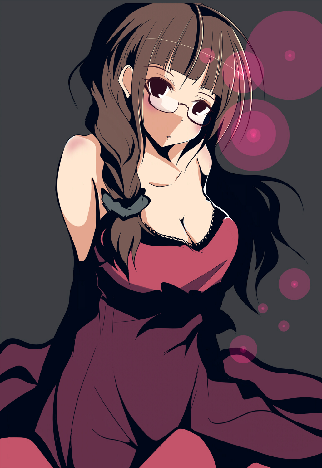 natsu (anta tte hitoha), akizuki ritsuko, idolmaster, idolmaster (classic), bad id, bad pixiv id, highres, 1girl, alternate hairstyle, bare shoulders, blush, bow, breasts, brown eyes, brown hair, cleavage, dress, evening gown, female focus, glasses, large breasts, long hair, scrunchie, solo