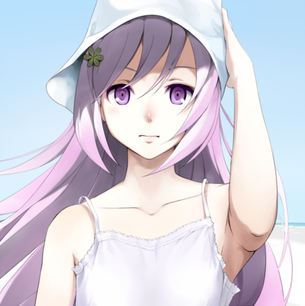 aoten, 1girl, armpits, collarbone, female focus, flower, hair ornament, hand on headwear, hat, lips, long hair, looking at viewer, pink hair, purple eyes, purple hair, solo, straight-on, upper body, wind