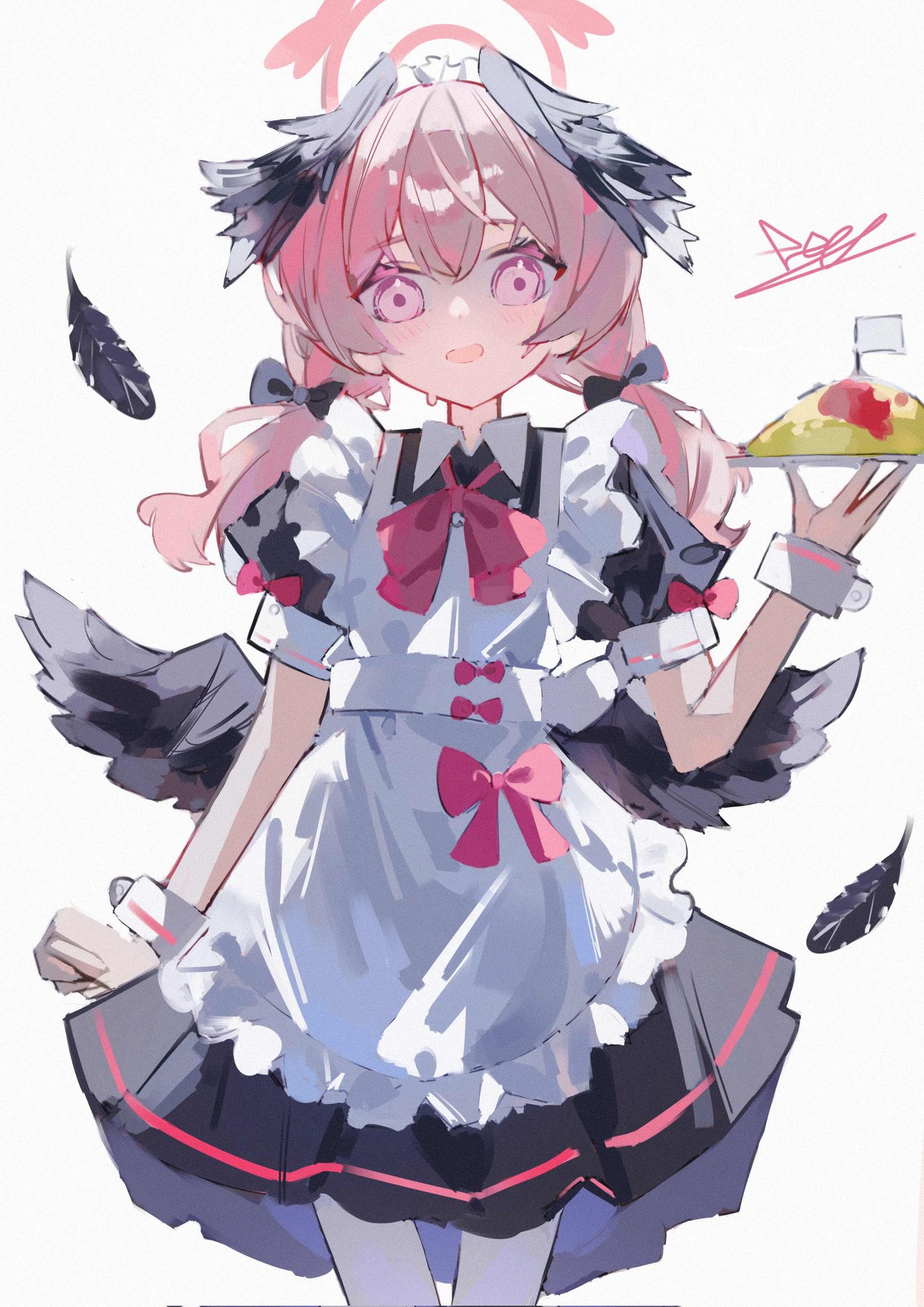 koharu (blue archive), blue archive, commentary, highres, black bow, black wings, bow, hair bow, halo, holding, holding plate, maid, open mouth, pantyhose, pink bow, pink eyes, pink hair, pink halo, plate, twintails, white background, white pantyhose, wings, wrdij5w0rg31830