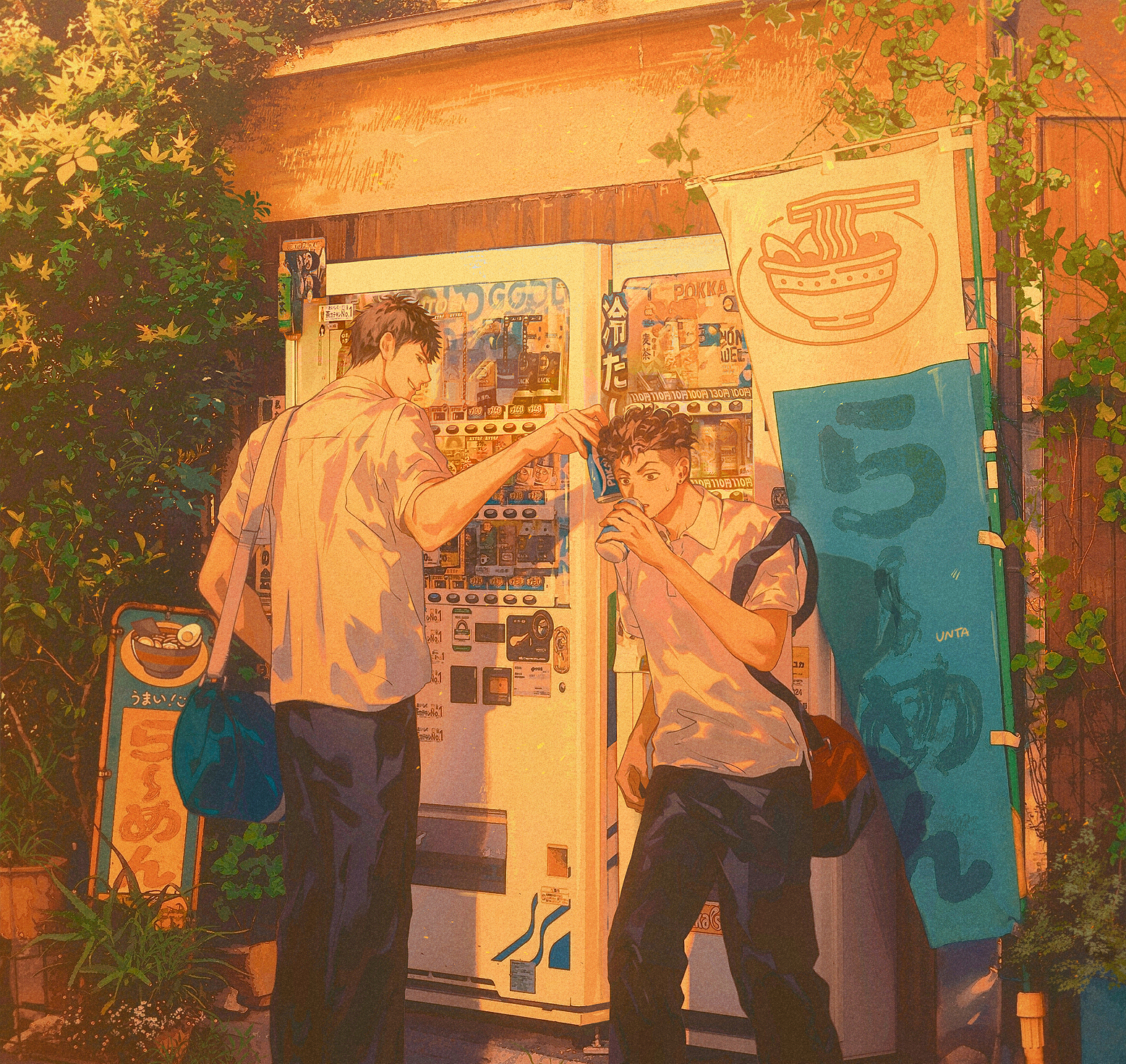 mitsui hisashi, miyagi ryouta, slam dunk (series), commentary request, highres, 2boys, artist name, bag, black pants, brown hair, can, drinking, holding, holding can, looking at another, male focus, menu board, multiple boys, outdoors, pants, plant, polo shirt, potted plant, shadow, shirt, short hair, shoulder bag, standing, sweat, undercut, untabunta, vending machine, white shirt