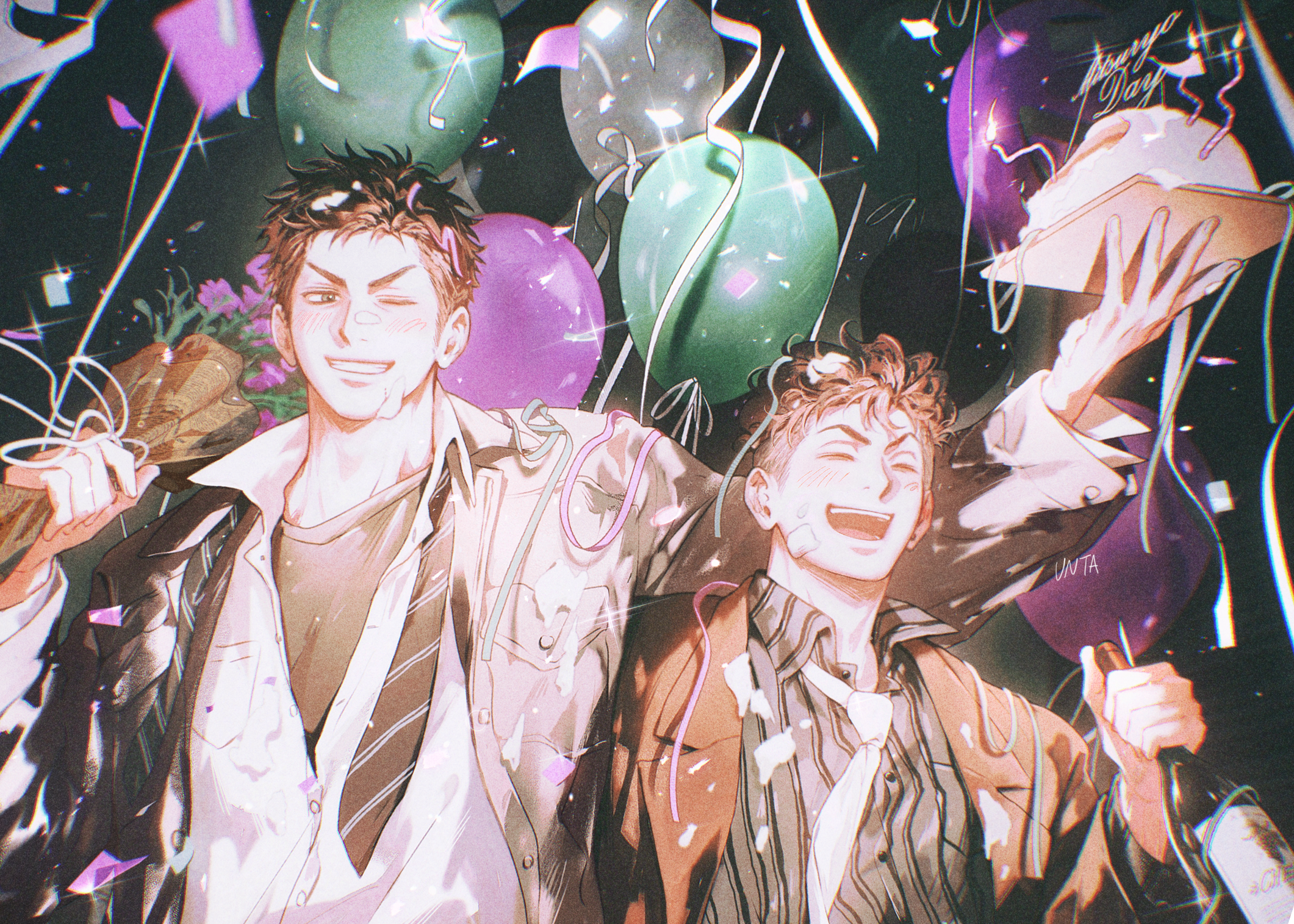 mitsui hisashi, miyagi ryouta, slam dunk (series), commentary request, highres, 2boys, ^ ^, artist name, balloon, black jacket, blush, bottle, bouquet, brown jacket, closed eyes, confetti, diagonal-striped clothes, diagonal-striped necktie, dress shirt, drunk, flower, grin, holding, holding bottle, holding bouquet, holding tray, jacket, male focus, multiple boys, necktie, one eye closed, open clothes, open jacket, open mouth, pink flower, pinstripe pattern, pinstripe shirt, shirt, short hair, smile, striped clothes, tray, undercut, undone necktie, untabunta, upper body, v-shaped eyebrows, white necktie, white shirt, wine bottle