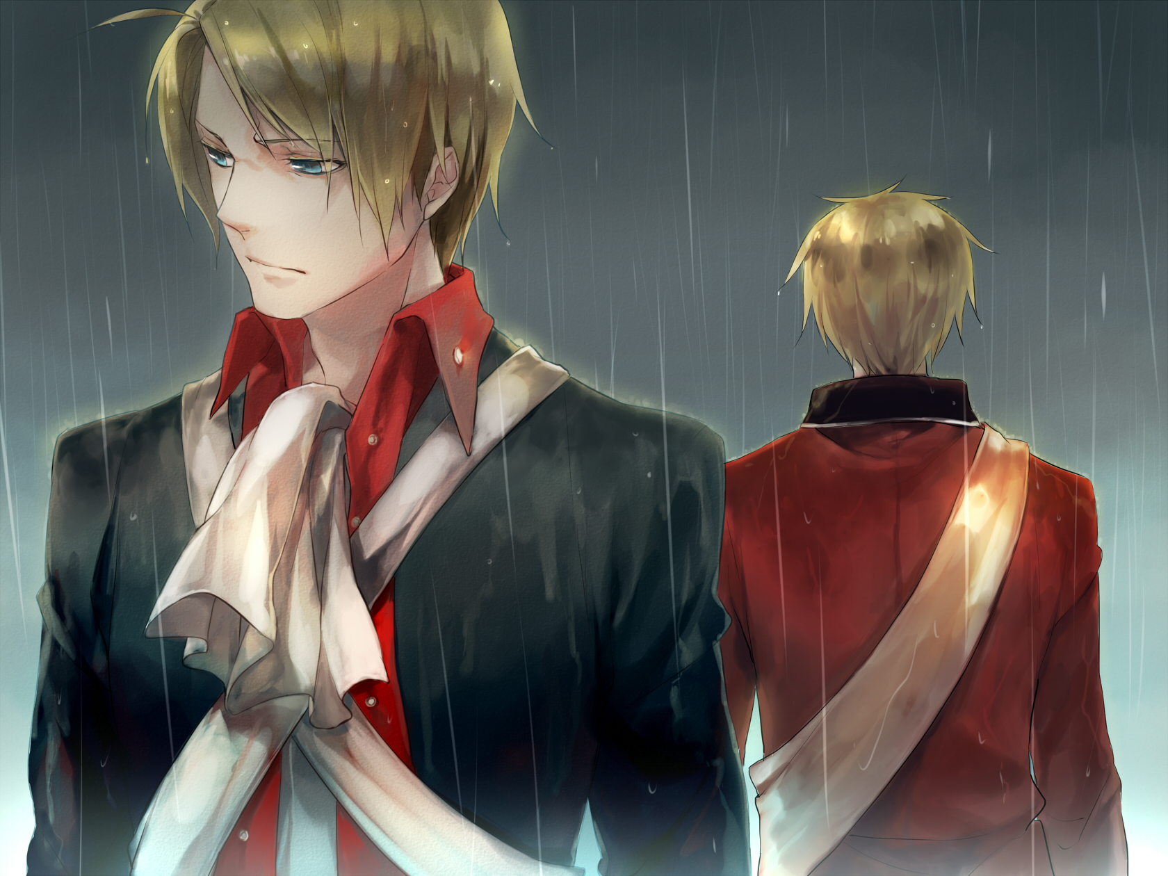 rei (sanbonzakura), america (hetalia), united kingdom (hetalia), axis powers hetalia, highres, 2boys, arms at sides, ascot, blonde hair, blue eyes, gradient background, male focus, multiple boys, outdoors, overcast, rain, short hair, sky, upper body