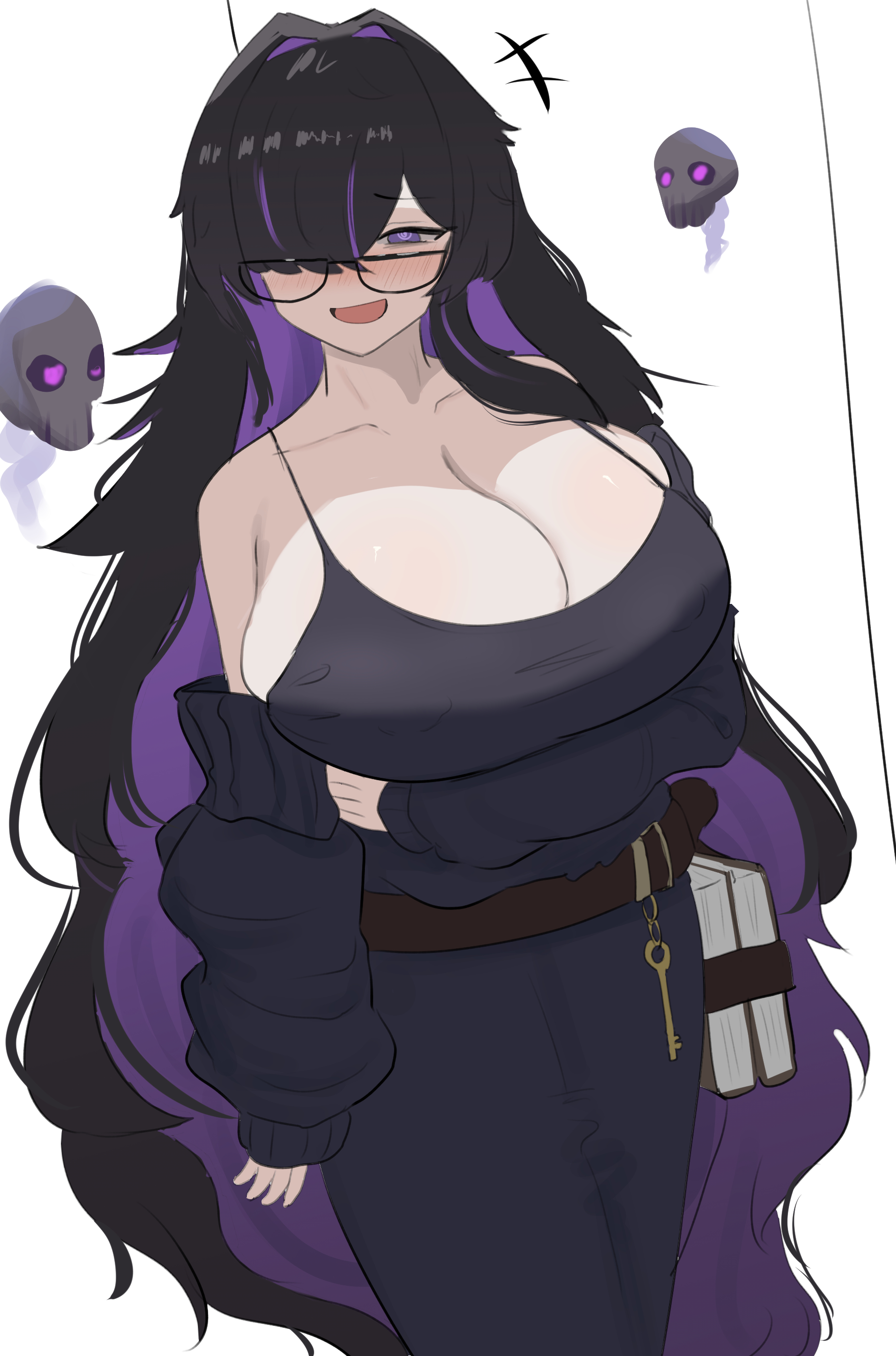 nykaani, label (nikke), goddess of victory: nikke, absurdres, highres, 1girl, black cardigan, black dress, black hair, blush, book, breasts, cardigan, cleavage, colored inner hair, dress, glasses, hair over one eye, huge breasts, key, long hair, multicolored hair, open mouth, purple eyes, purple hair, skull, smile, solo, two-tone hair, very long hair, white background