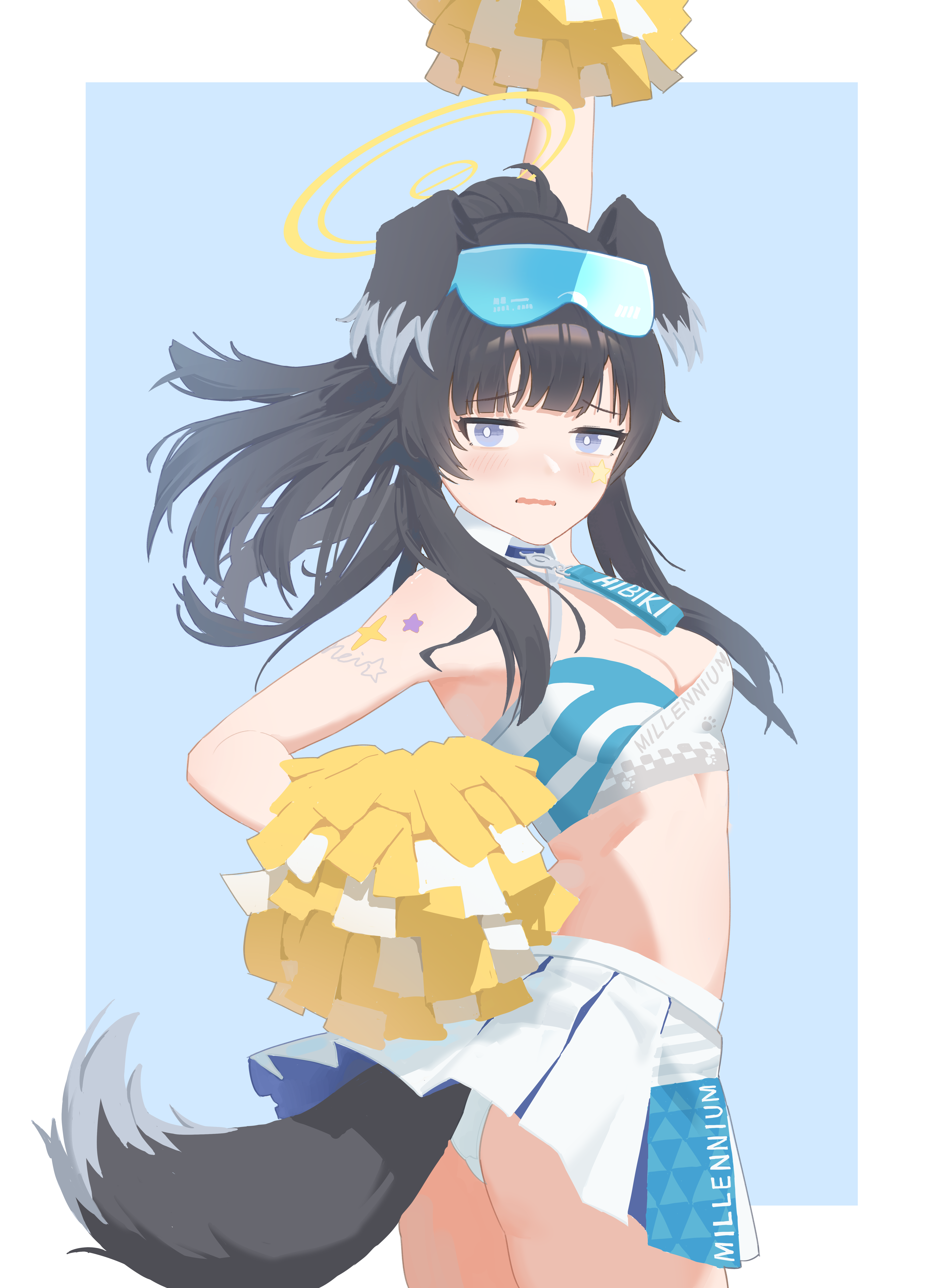 hibiki (blue archive), hibiki (cheer squad) (blue archive), blue archive, absurdres, highres, 1girl, animal ears, arm up, black hair, breasts, bright pupils, cheerleader, dog ears, dog girl, dog tail, grey eyes, halo, holding, holding pom poms, jiyue (murasame524), long hair, medium breasts, midriff, panties, pleated skirt, pom pom (cheerleading), pom poms, shoulder tattoo, skirt, solo, tail, tattoo, underwear, white panties, white pupils, white skirt