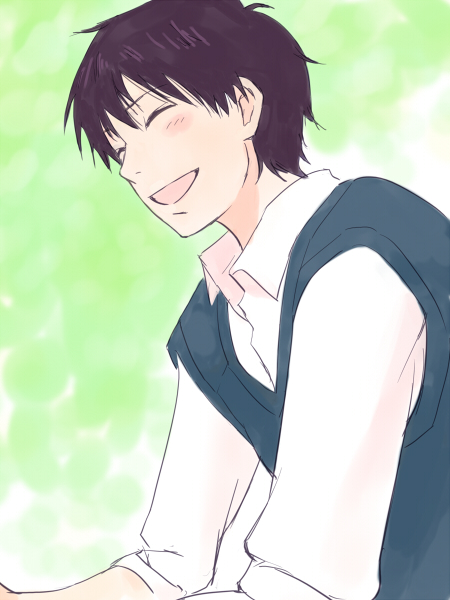 aoten, kazehaya shouta, kimi ni todoke, 1boy, black hair, closed eyes, happy, male focus, short hair, solo, sweater vest, upper body