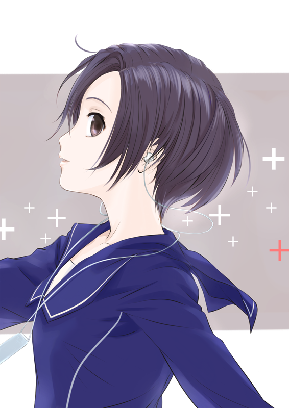 kuuyuu, kobayakawa rinko, love plus, 1girl, black hair, earphones, female focus, profile, school uniform, serafuku, short hair, solo