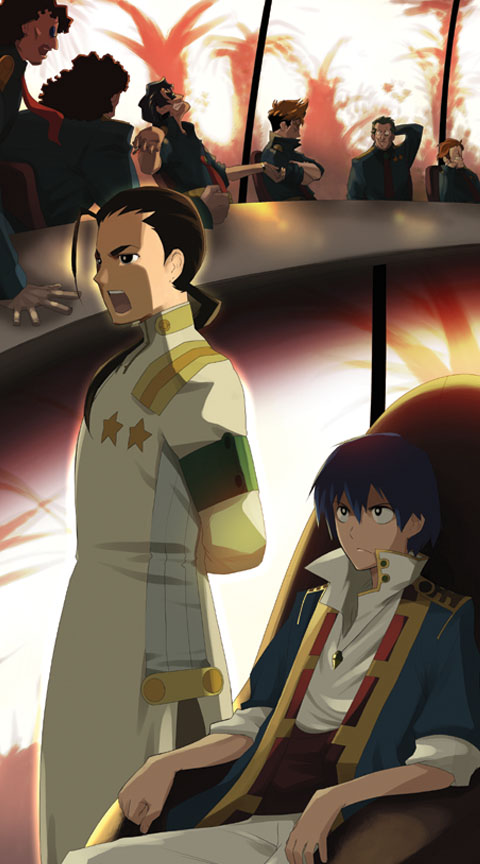 touge hiro, barinbo, dayakka, jogan, kidd coega, kittan bachika, rossiu adai, simon (ttgl), zoushi kanai, tengen toppa gurren lagann, 00s, 6+boys, afro, aged up, arm up, armchair, arms behind back, black eyes, blonde hair, blue hair, blue jacket, bright pupils, brown hair, chair, drill, green hair, indoors, jacket, jewelry, long sleeves, low ponytail, male focus, military, military uniform, multiple boys, necklace, open clothes, open jacket, open mouth, pendant, ponytail, scratching head, sitting, sleeves pushed up, standing, table, tree