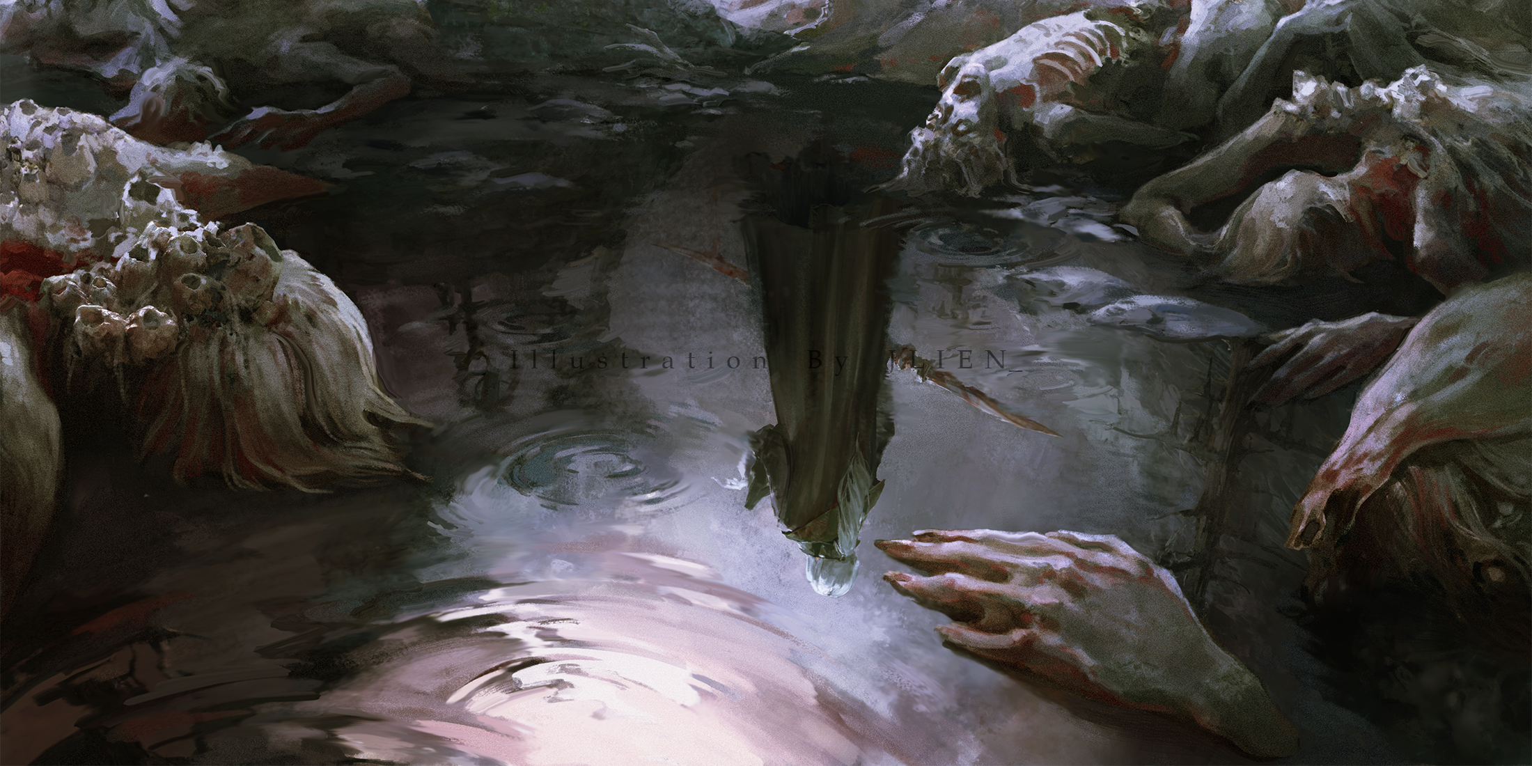 jlien-, lady maria of the astral clocktower, bloodborne, highres, 1girl, 6+others, artist name, cape, corpse, eldritch abomination, grey hair, hat, holding, holding unworn clothes, holding unworn hat, holding weapon, long hair, multiple others, open mouth, reflection, standing, unworn hat, unworn headwear, watermark, weapon